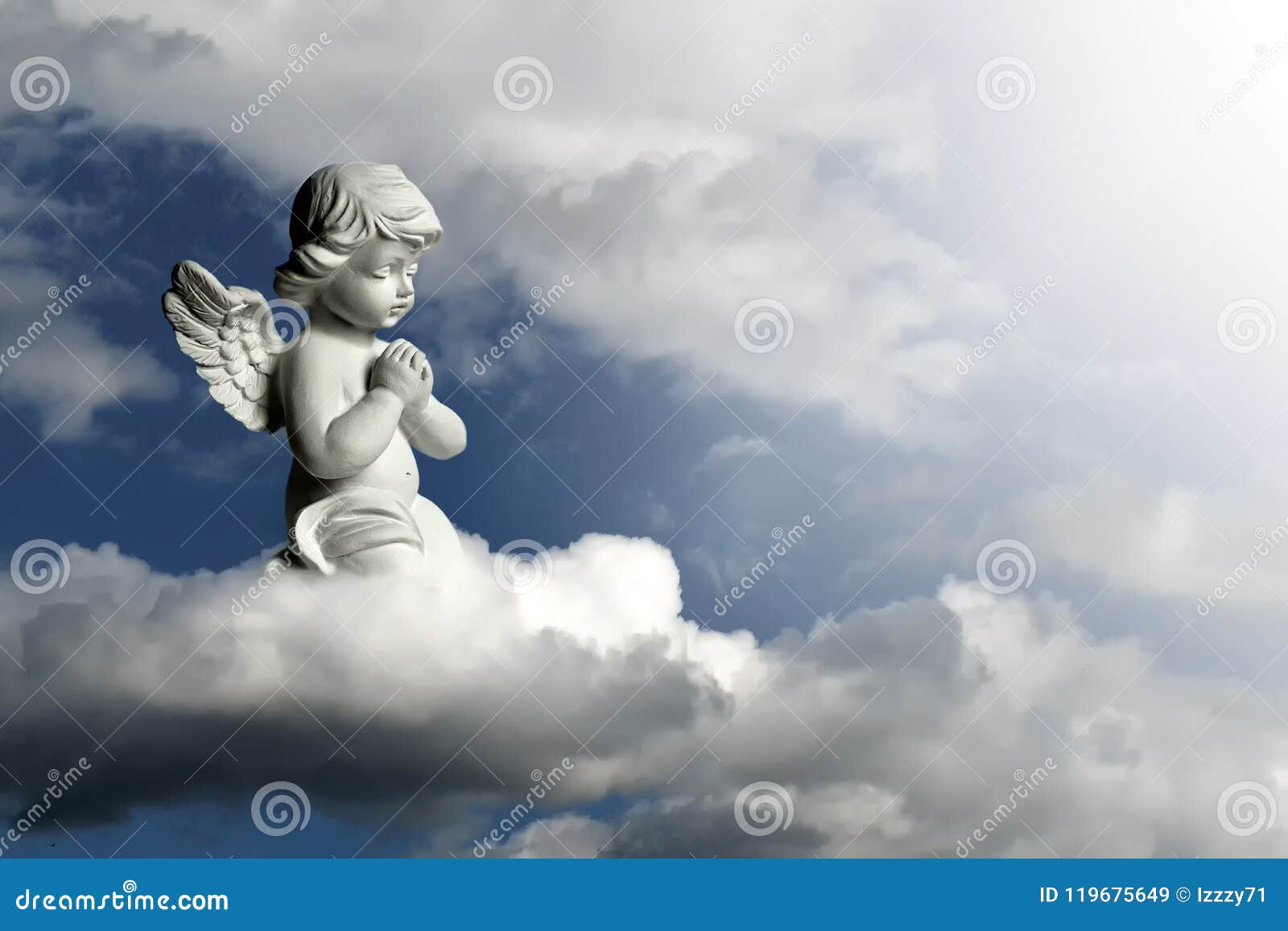 guardian angel kneeling and praying. angel guardian on the cloud