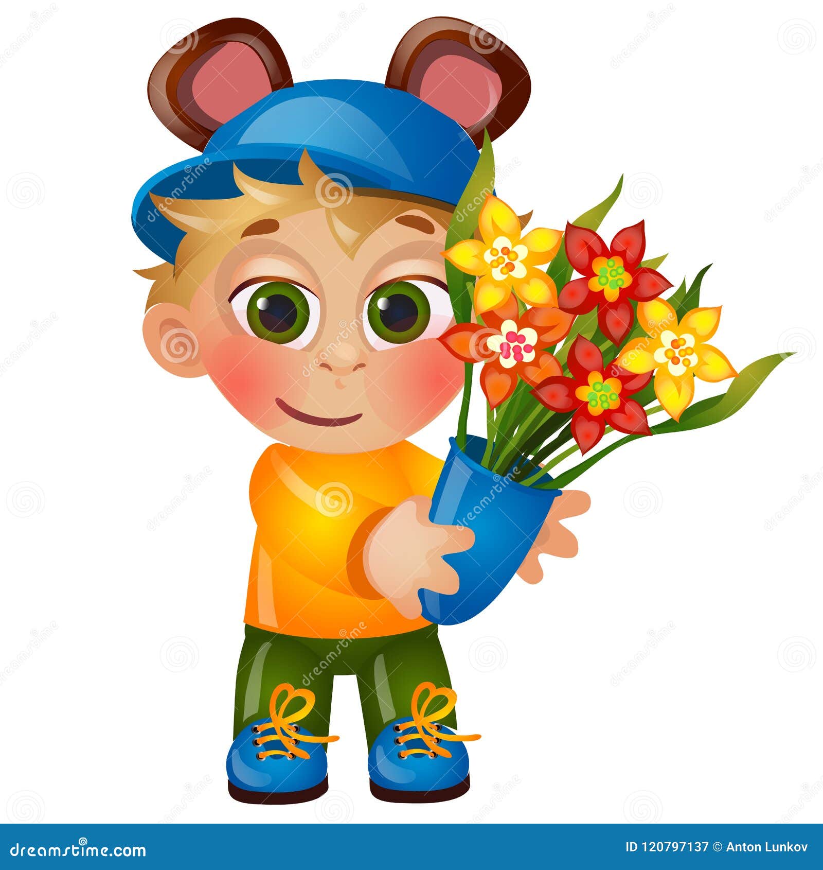 A Little Happy Animated Boy with Eared Hat Holding a Bouquet of Blooming Flowers Isolated on White Background. Vector Stock Vector - Illustration of background, isolated: 120797137 A Little Happy Animated Boy with Eared Hat Holding a Bouquet of Blooming Flowers Isolated on White Background. Vector Stock Vector - Illustration of background, isolated: 120797137