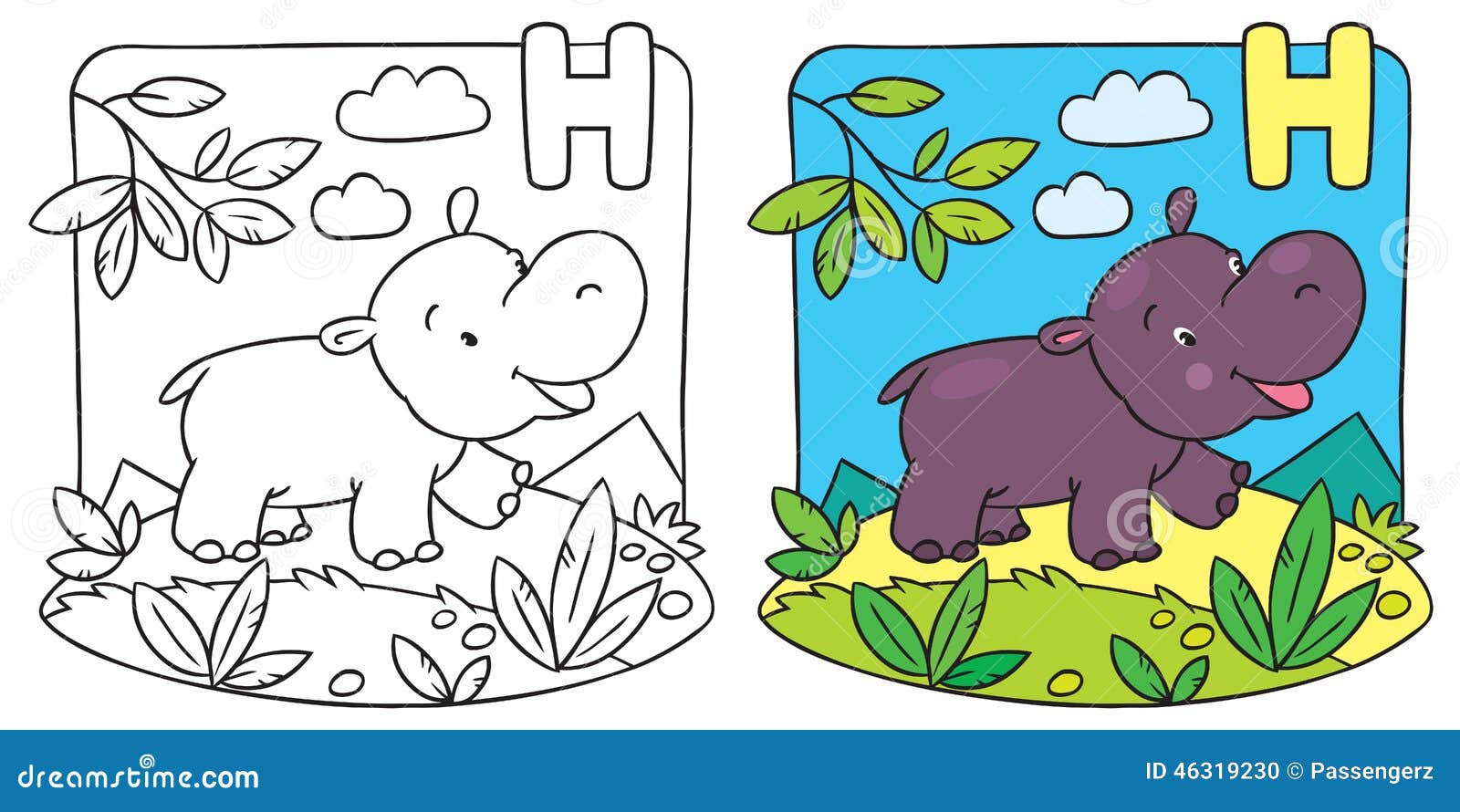 Hippo Alphabet ABC Coloring Page H Cartoon Vector | CartoonDealer.com