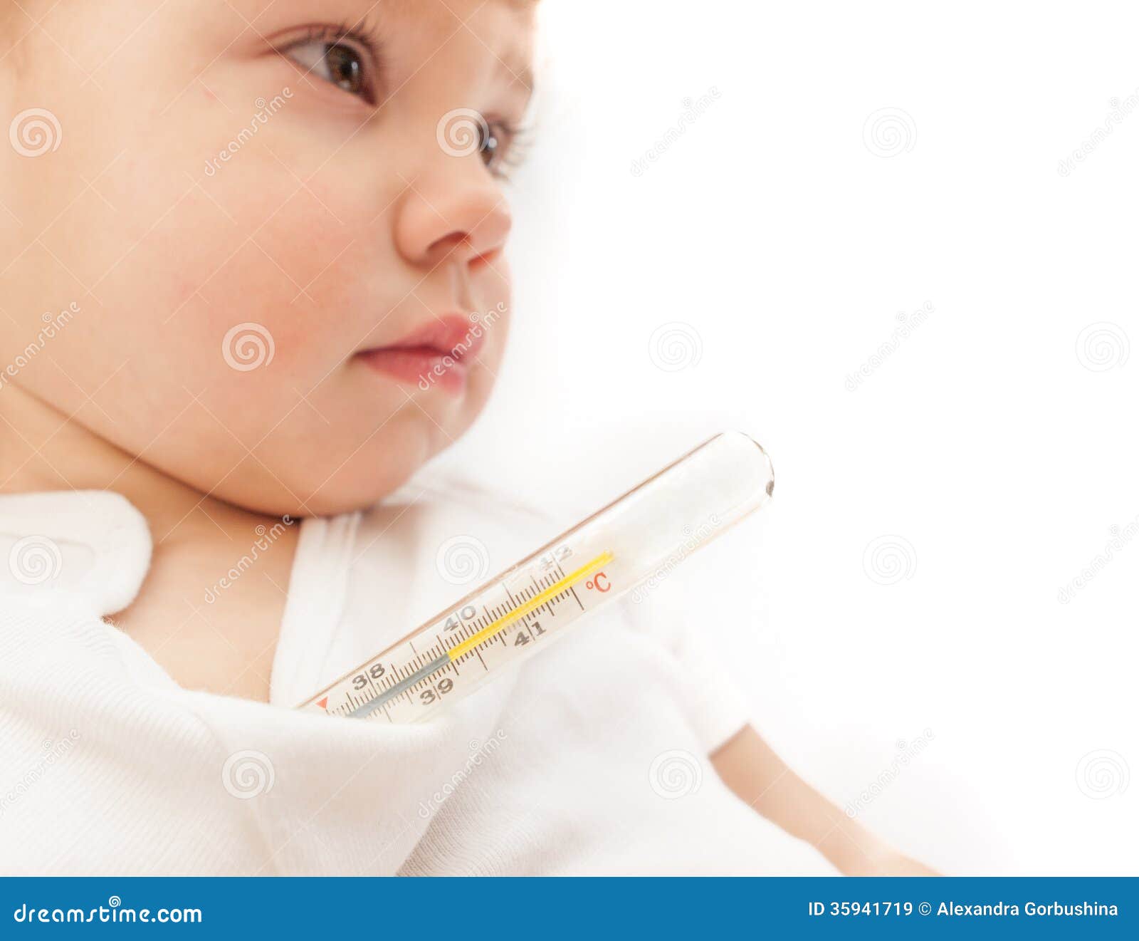 little ill kid with mercurial thermometer