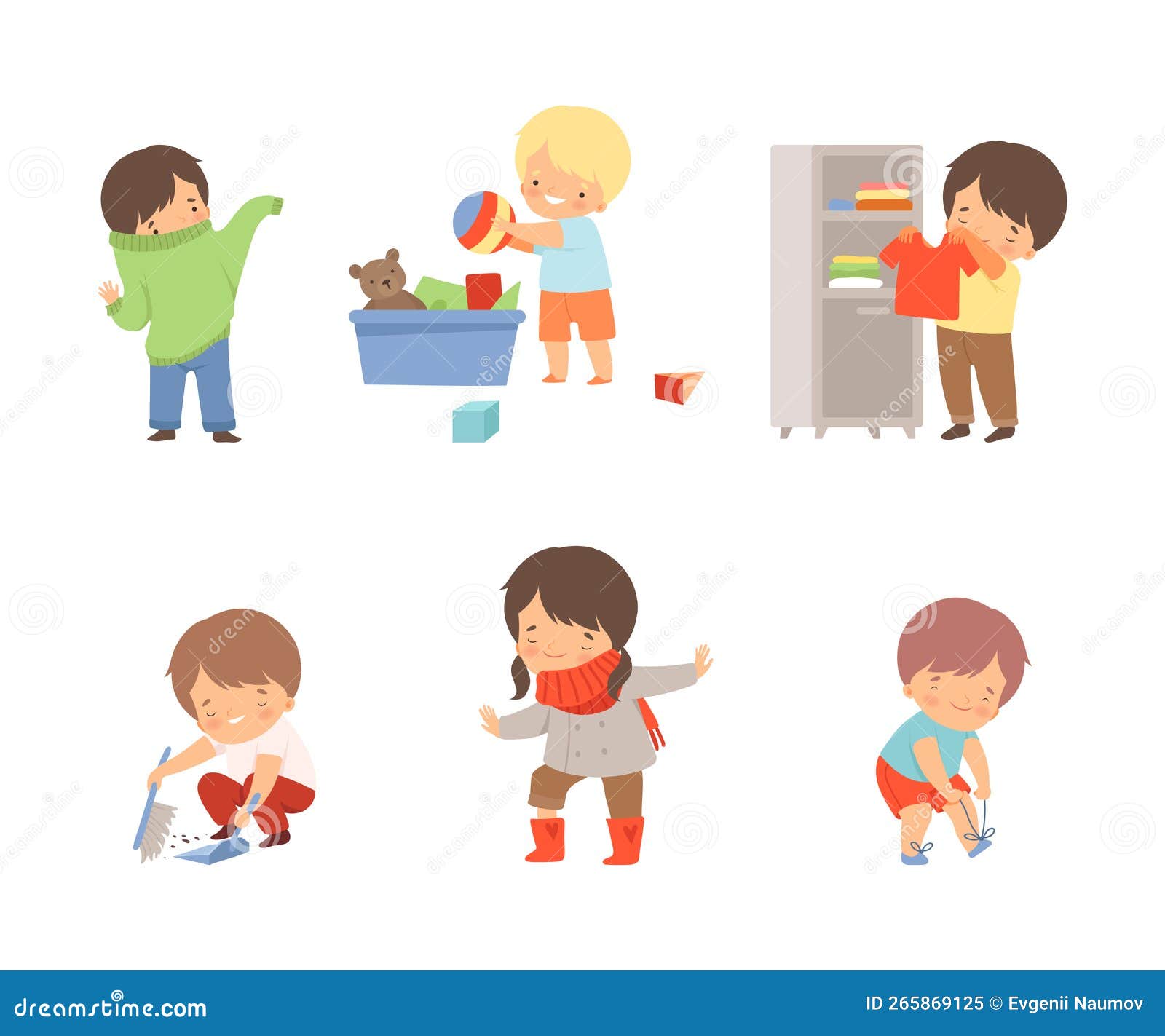 Little Independent Children Set. Boys and Girls Getting Dressed