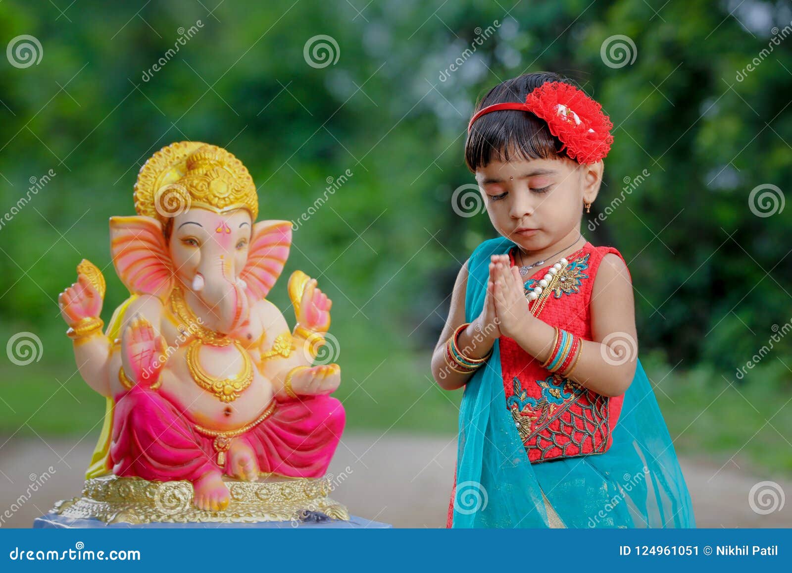 Little Indian Girl Child with Lord Ganesha and Praying , Indian ...