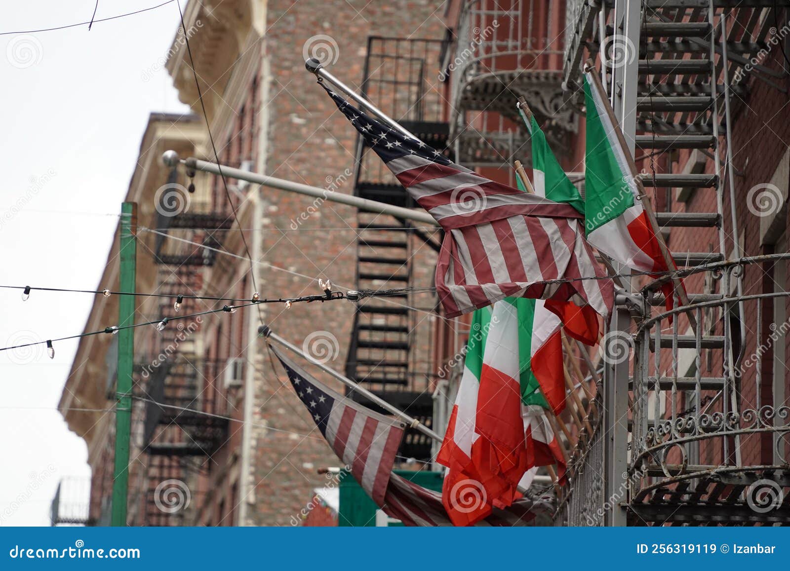Little Italy New York Buildings Italian Flag Green White and Red Stock
