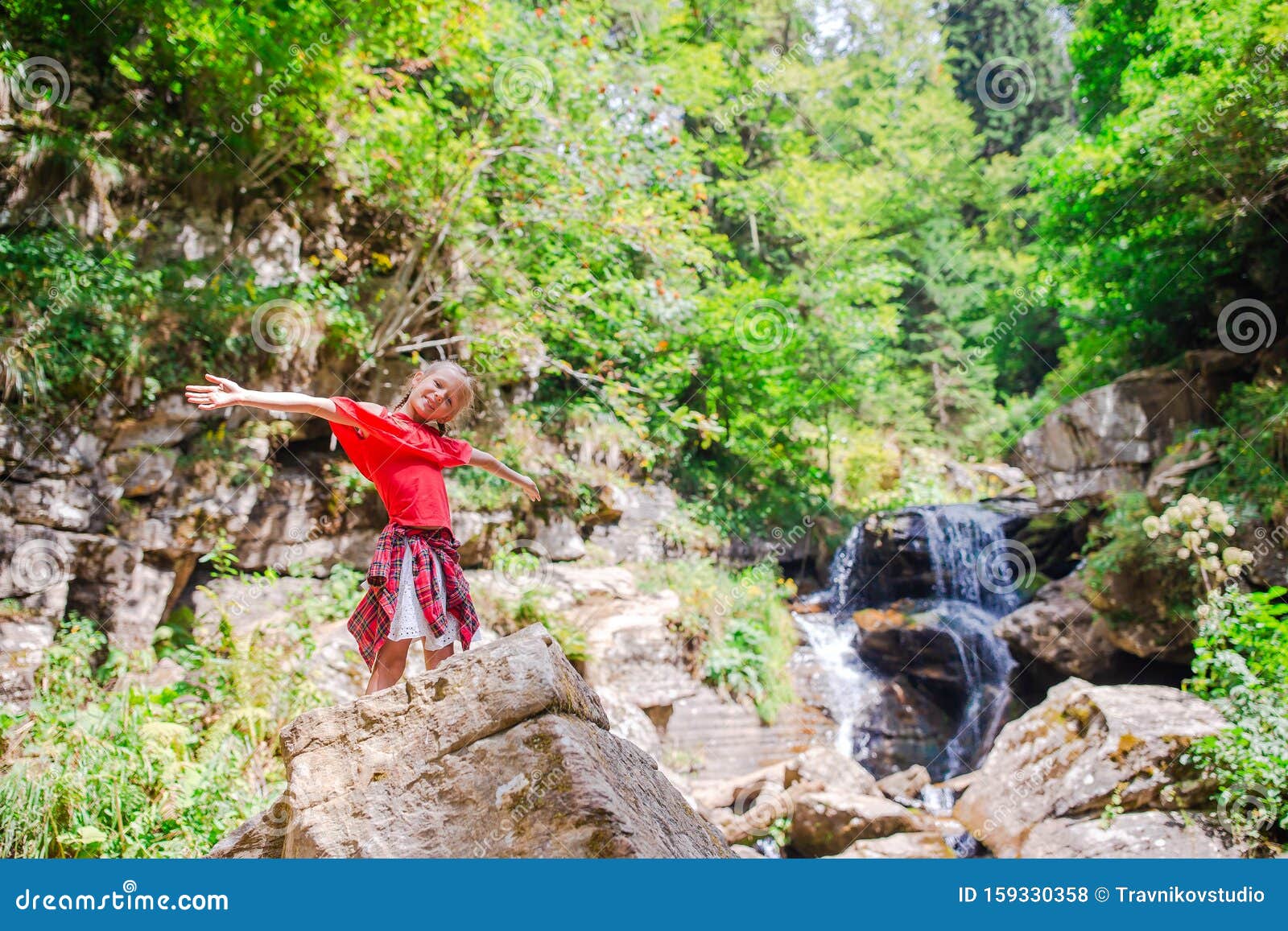 Little Girl Enjoying View of Waterfall in Krasnay Poliana Stock Photo ...