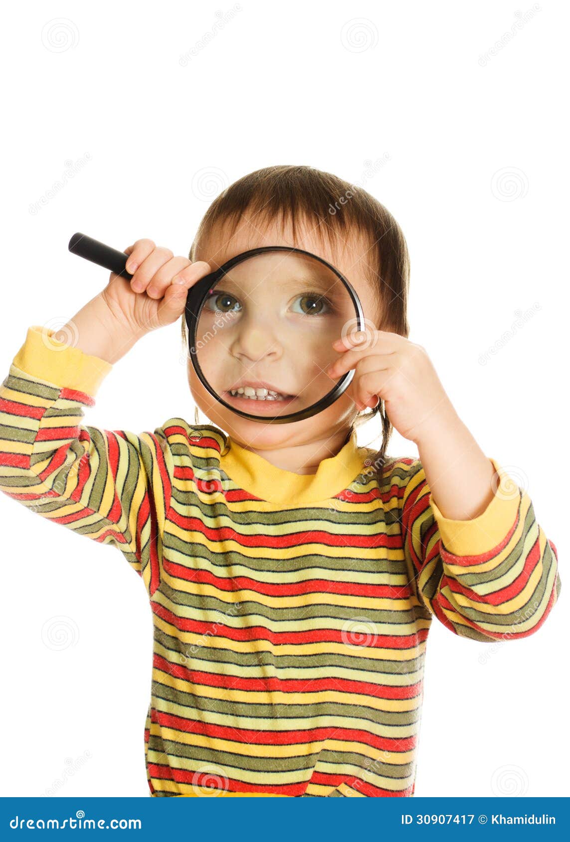 Little Kid Looking through a Magnifying Glass Stock Image Image of