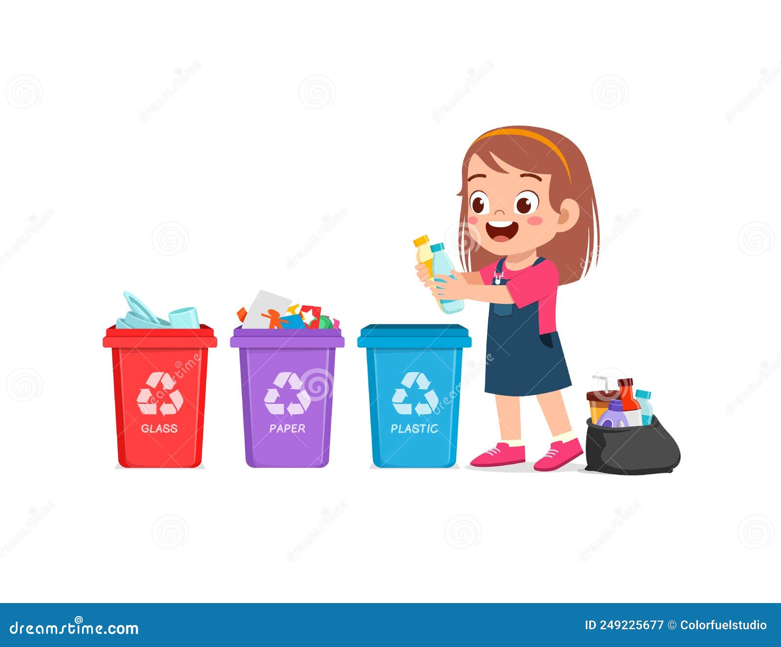 Little Kid Throw Plastic Waste To Recycle Bin Stock Illustration