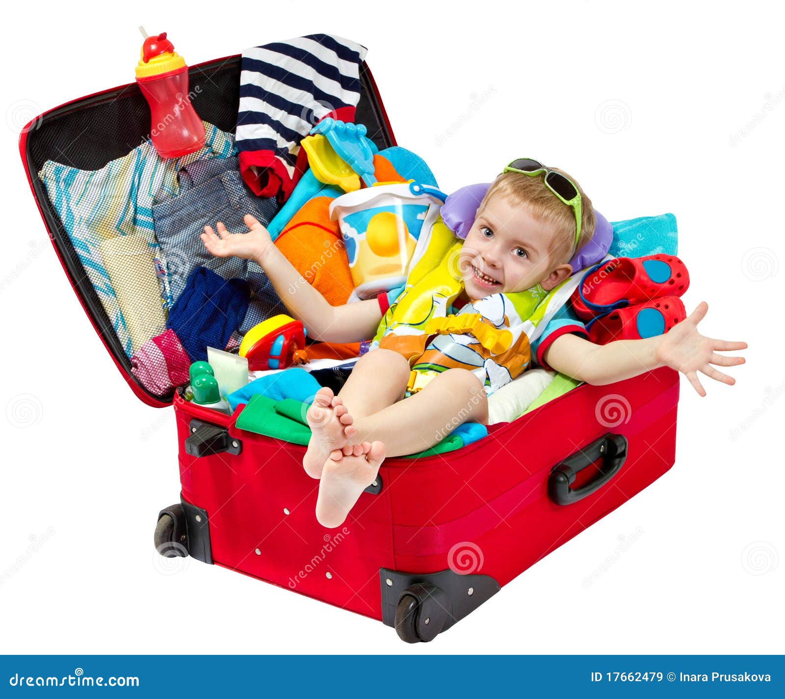 Little Kid in Travel Suitcase Packed for Vacation Stock Image Image
