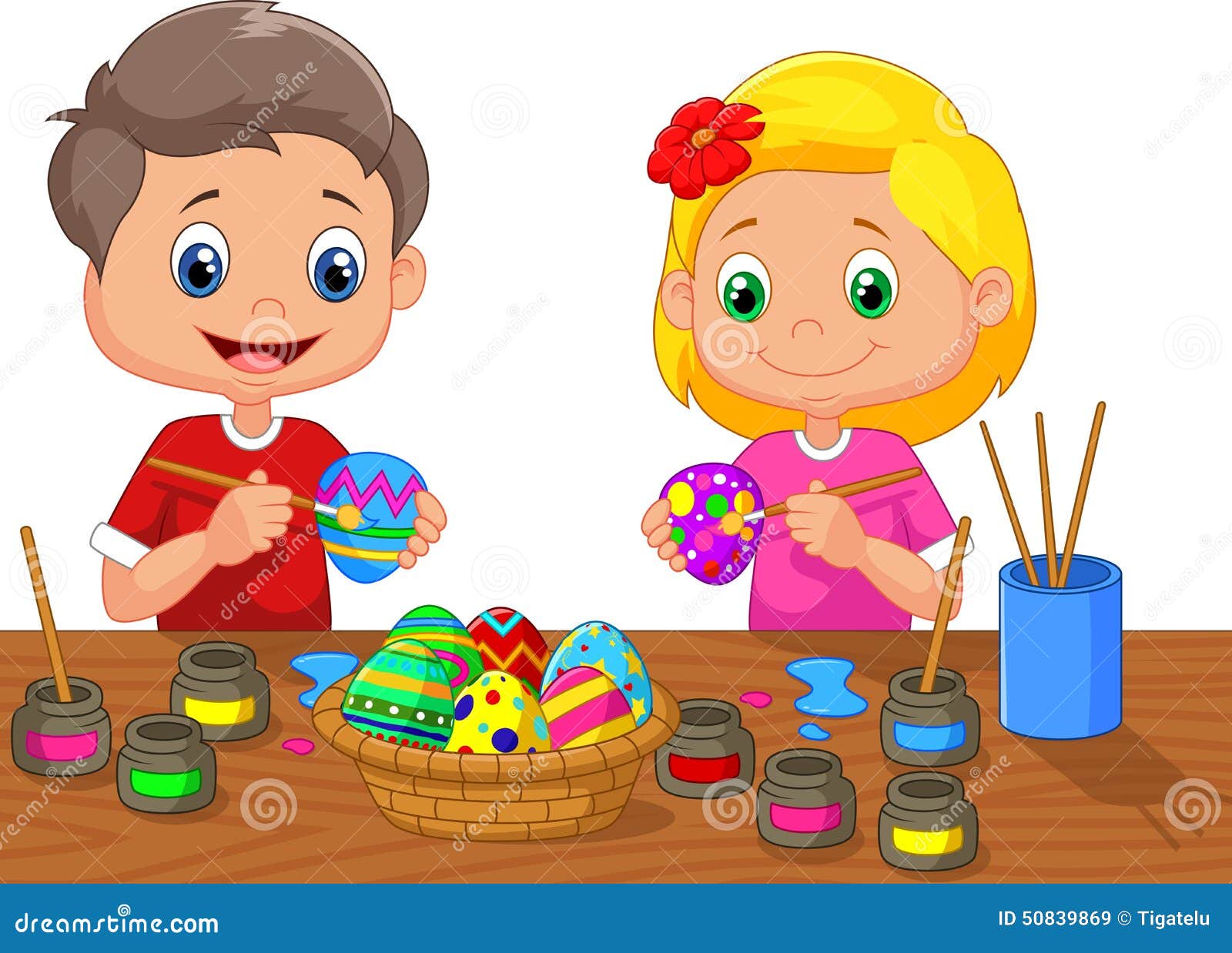 Little Kids Cartoon Painting Easter Egg Stock Vector ...