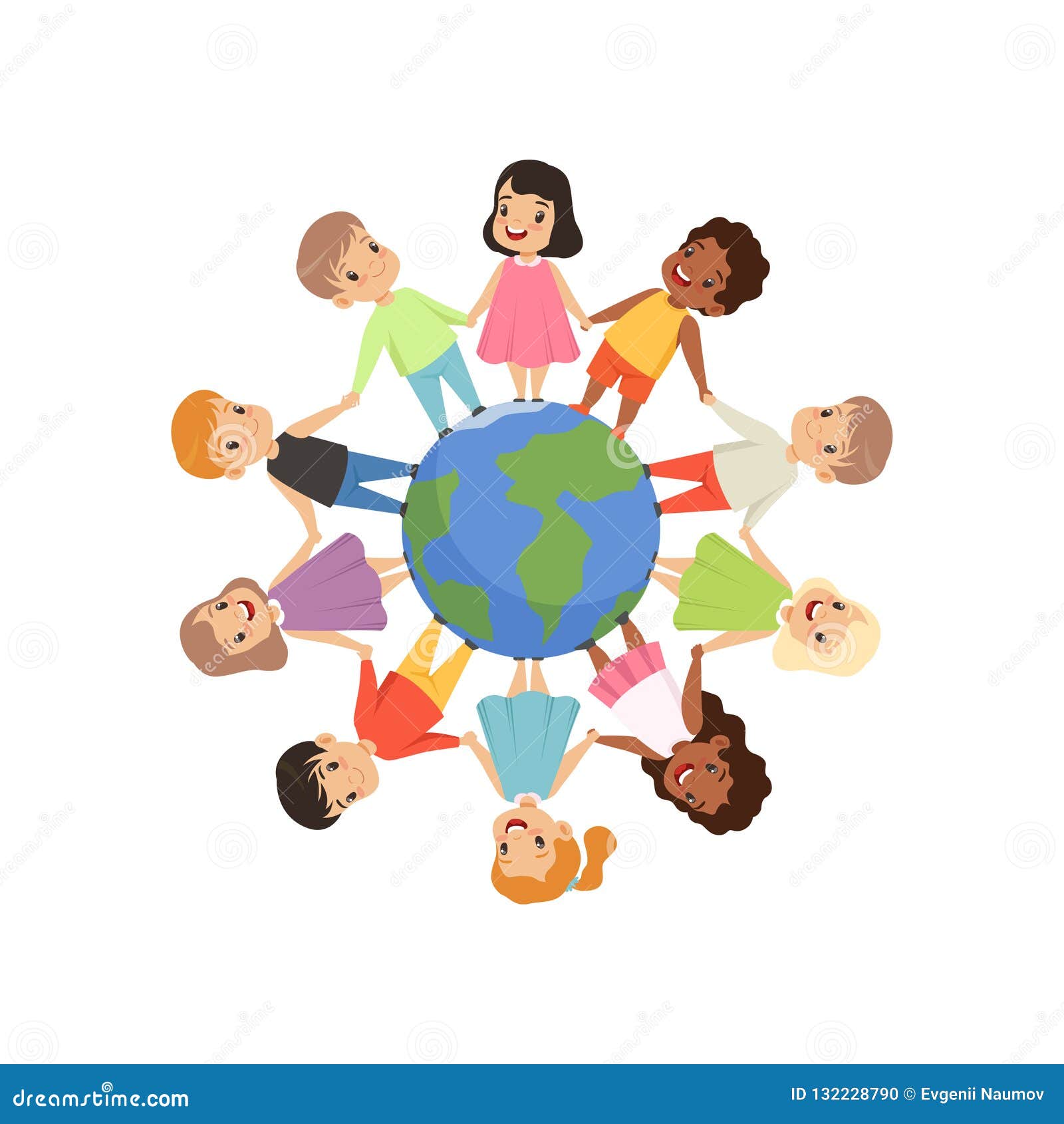 little kids of different nationalities standing and holding hands around the earth globe, friendship, unity concept