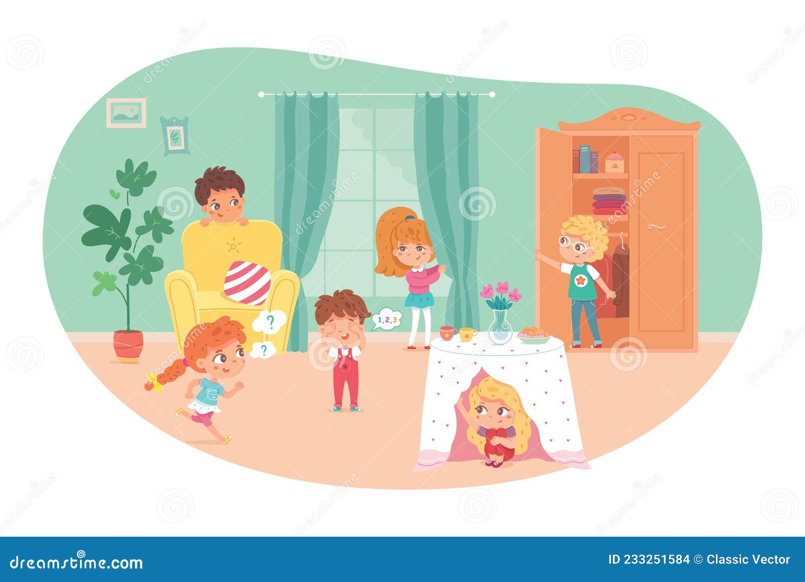 little kids playing hide and seek in living room. playing game with friends at home  . boy counting