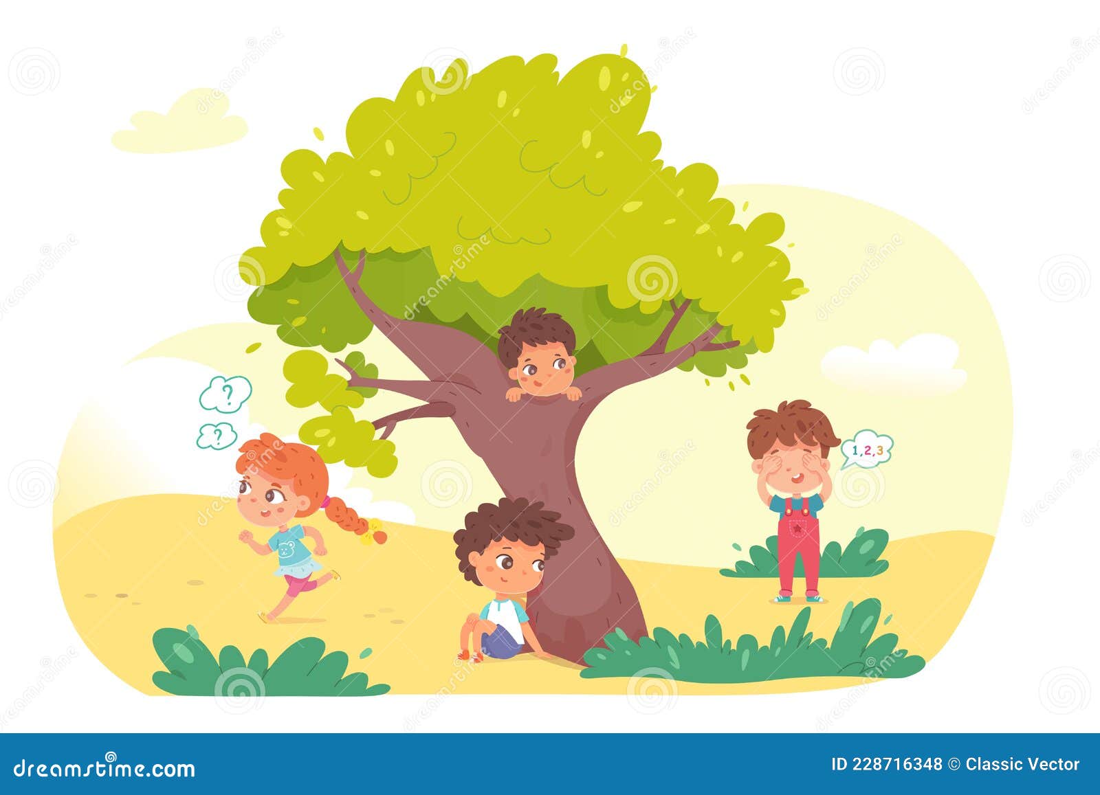 little kids playing hide and seek in park. playing game with friends outdoor in summer vacations  