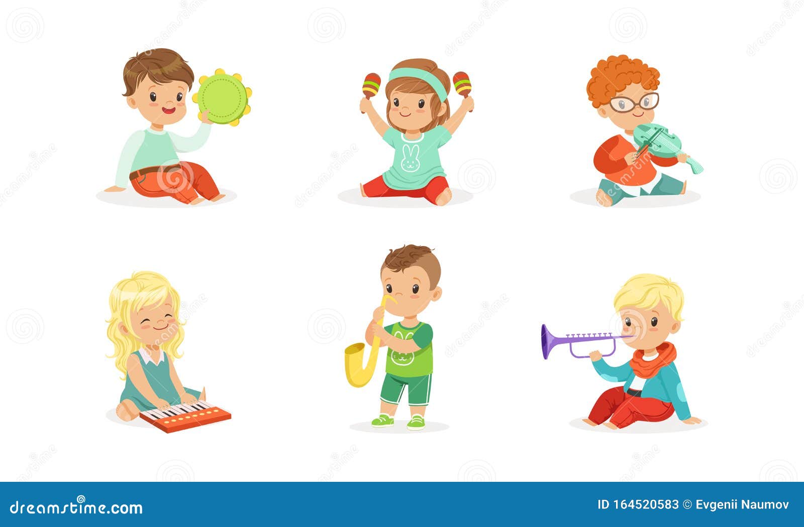Little Kids Playing Musical Instruments Vector Illustrations Set Stock ...