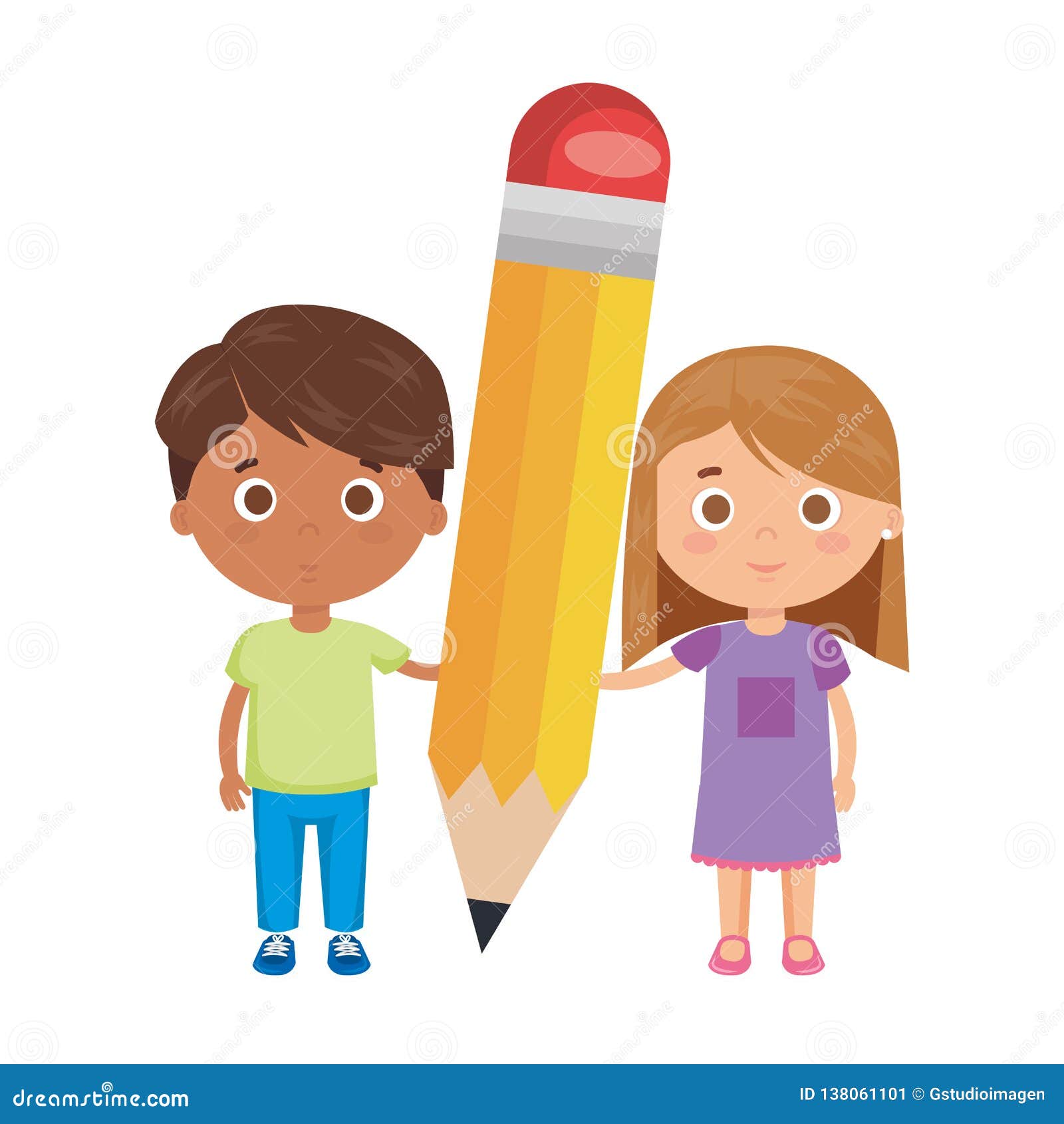 Little Kids Students Couple with Pencil Stock Vector - Illustration of ...