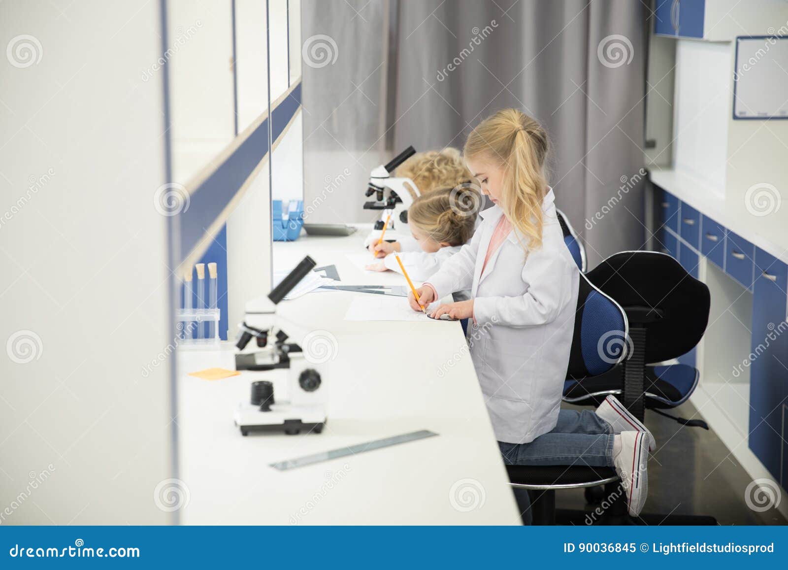 Little Kids Wearing Lab Coats and Studying Stock Image Image of