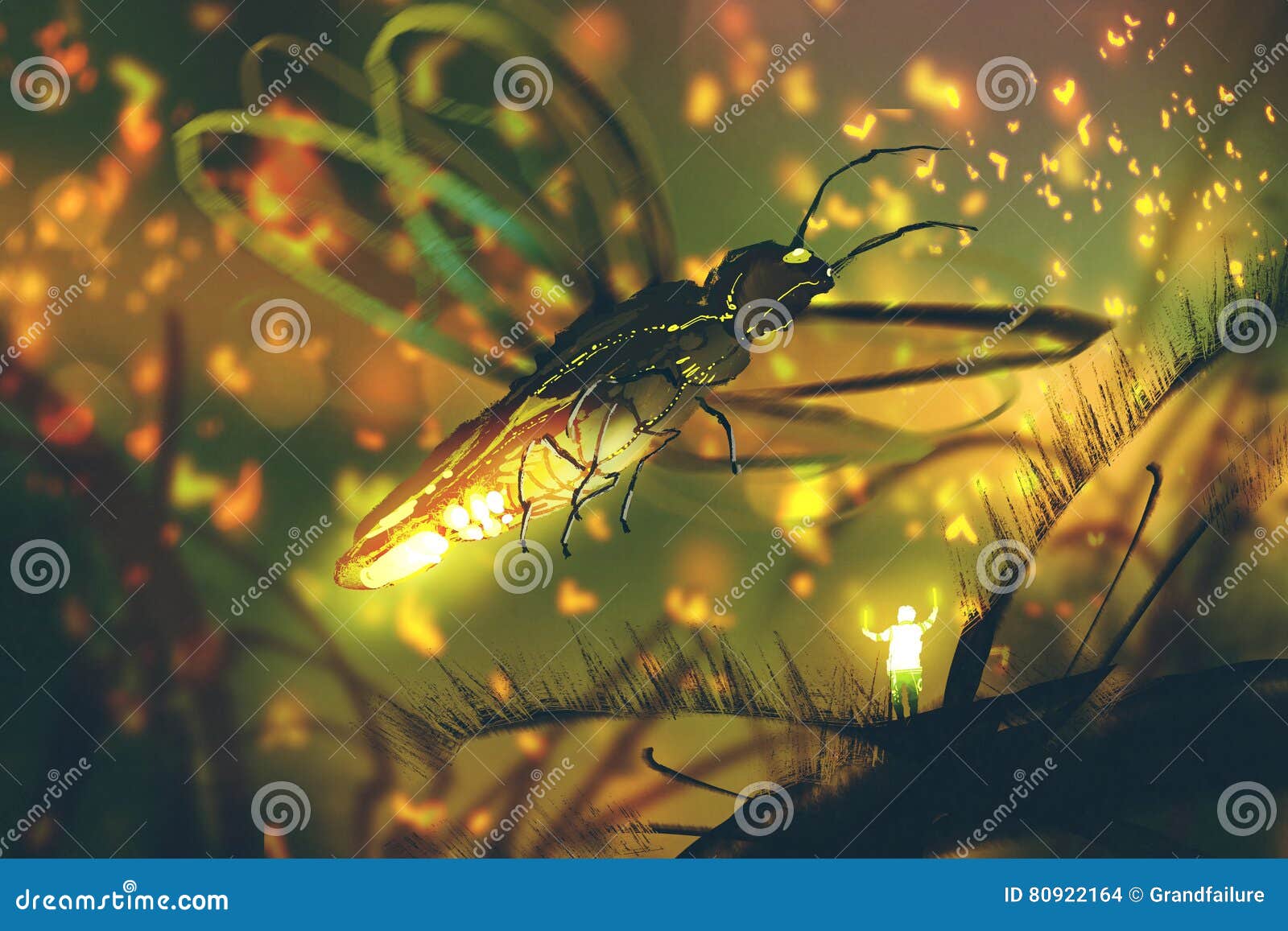 little man directing giant firefly in a night forest