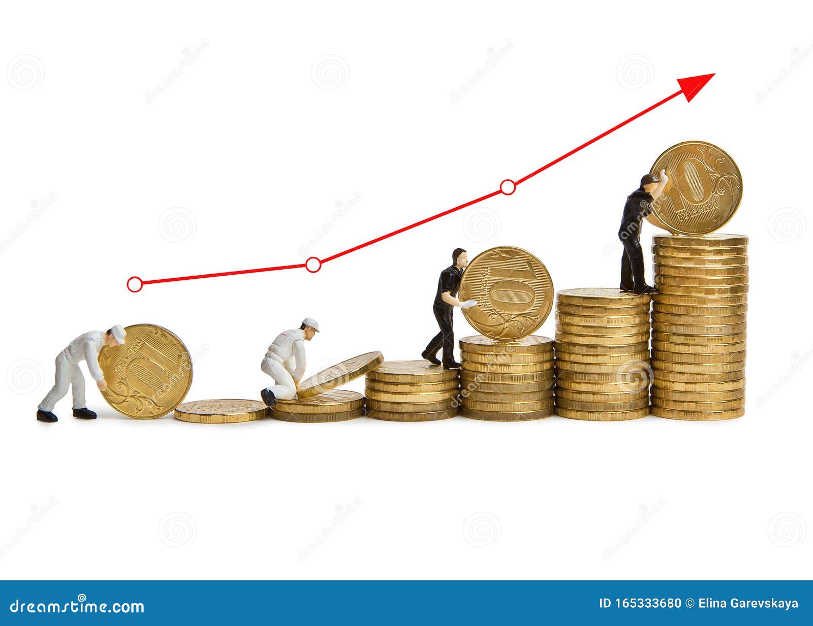 Little Men Working on the Stairs of Russian Coins. Stock Photo