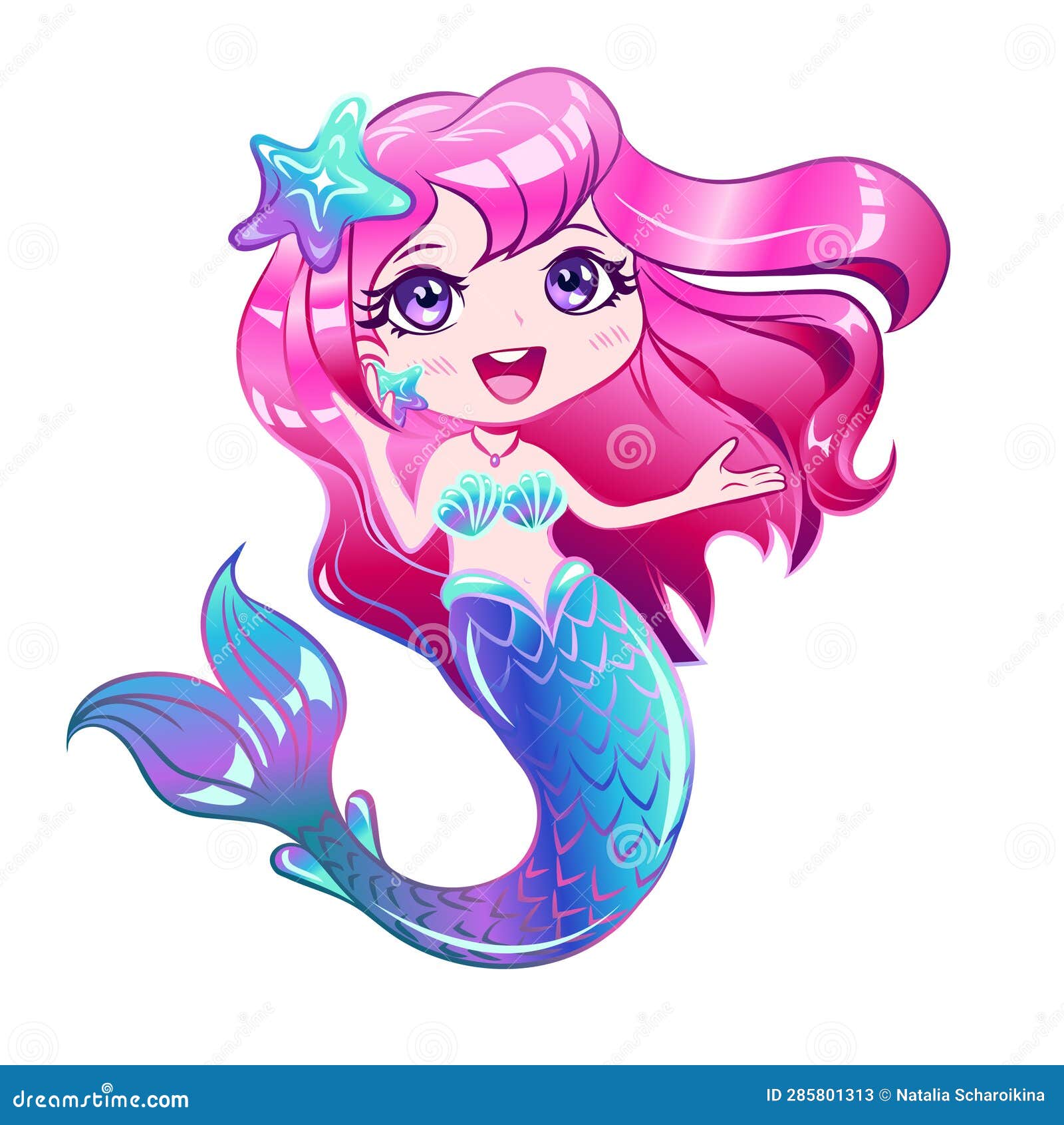 Little Mermaid with Pink Hair Sings a Song. Stock Illustration ...