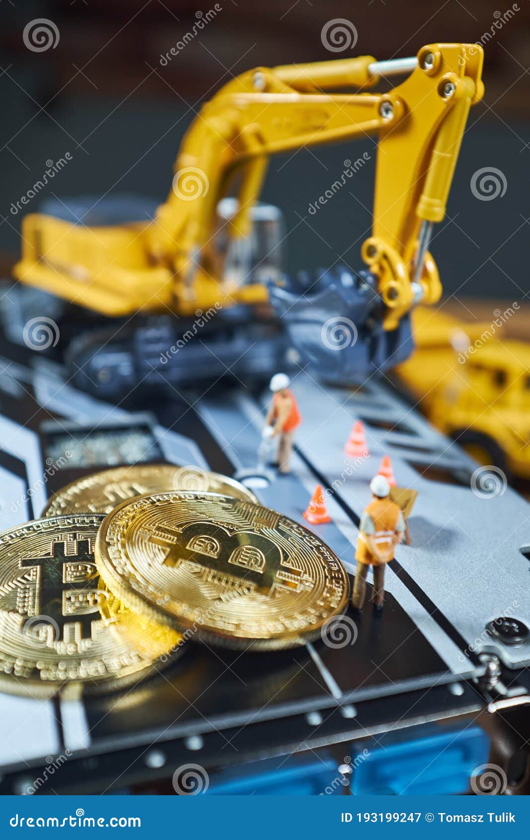 A Little Miner Is Digging On Graphic Card With Golden Coin ...