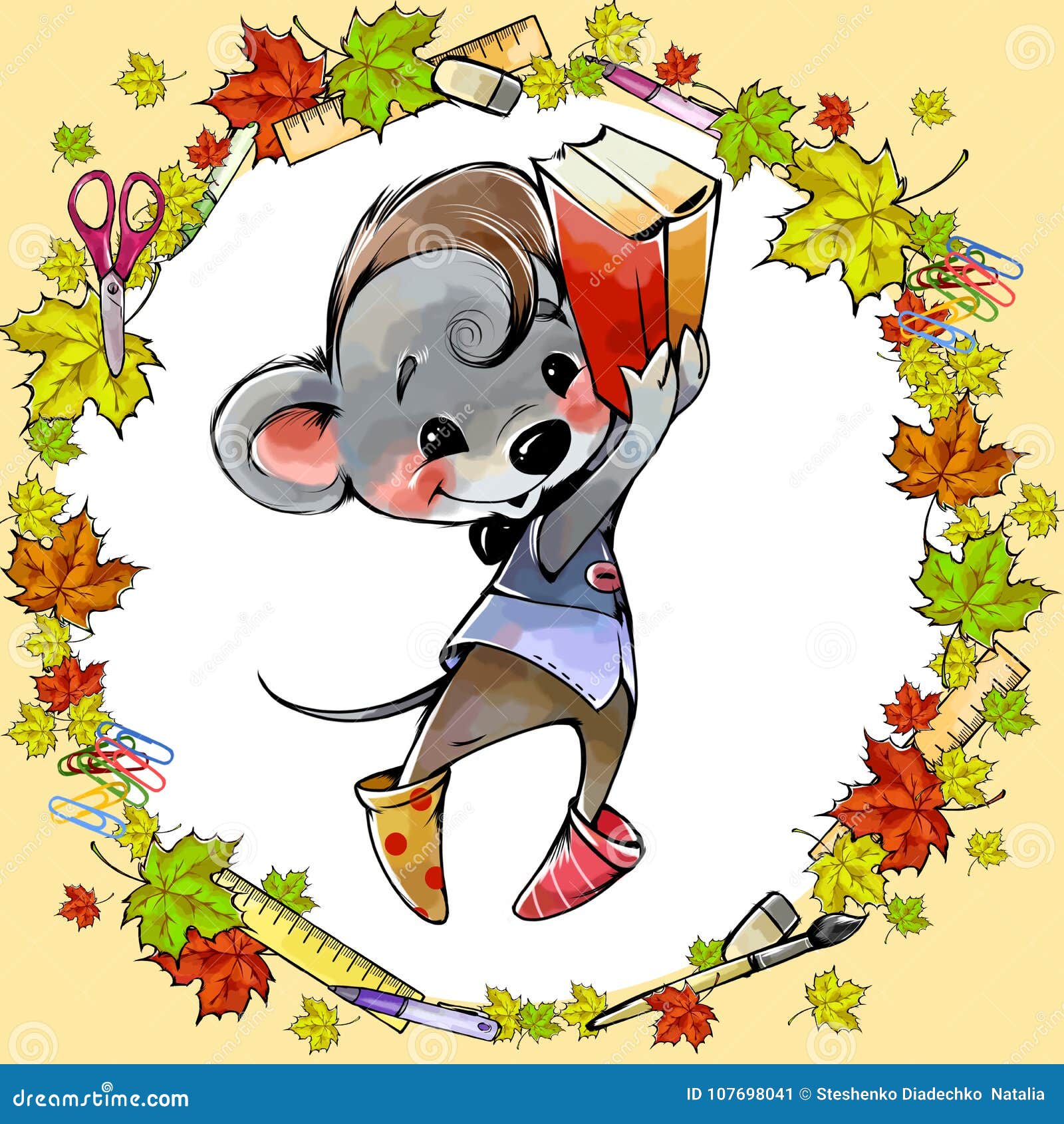 A Little Mouse with School Supplies Stock Illustration Illustration