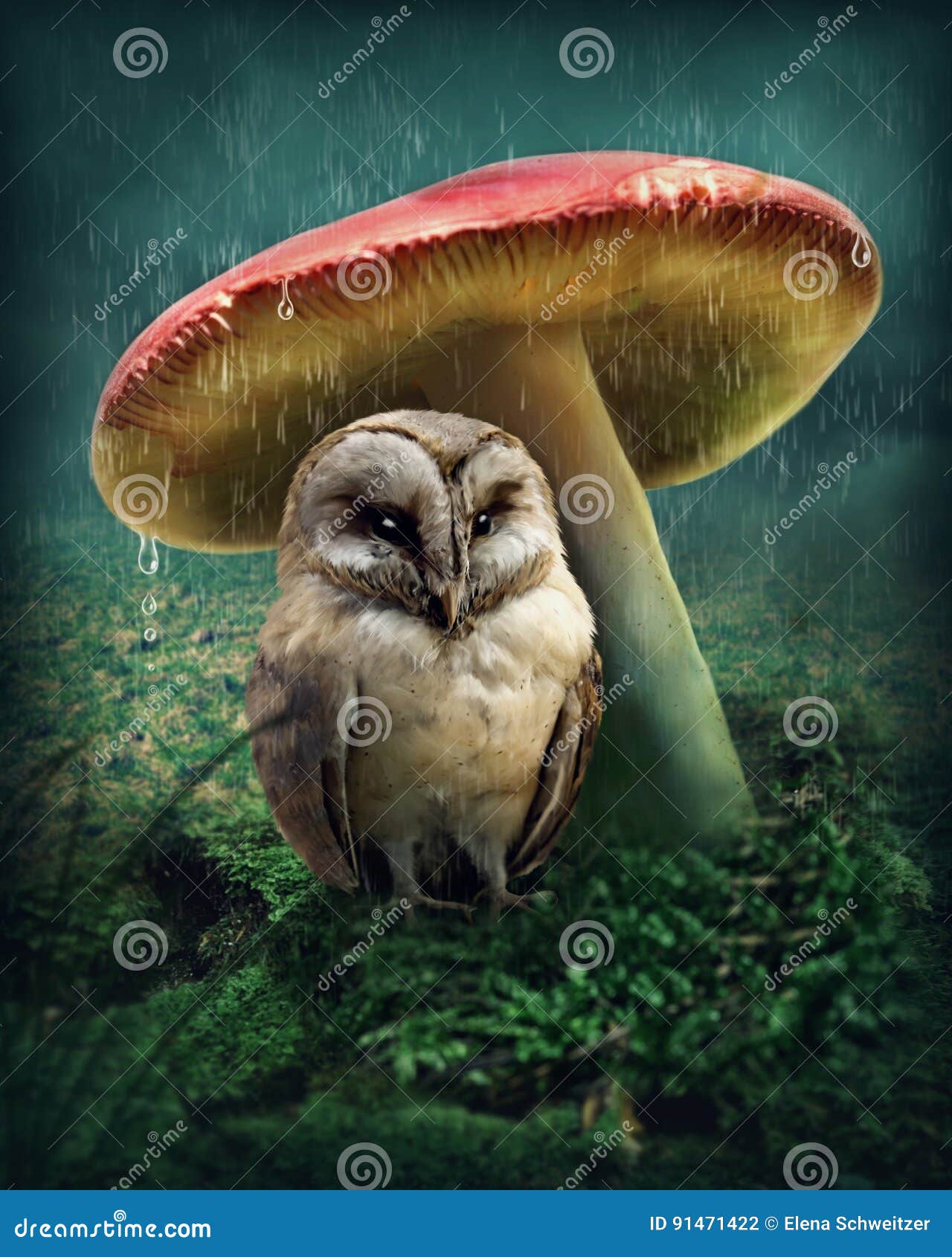 Little owl under mushroom stock photo. Image of vertical 91471422