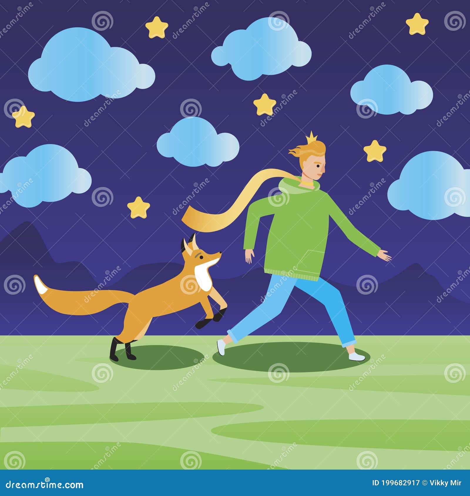Clouds, Little Prince, Fox As A Book Plot, Love Concept, Flat Vector