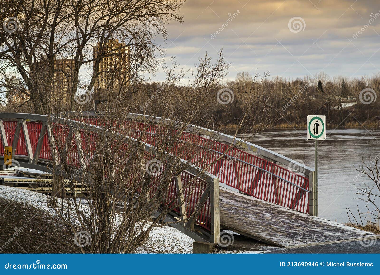 little red bridge in desmarchais park  beside the st-lawrence river