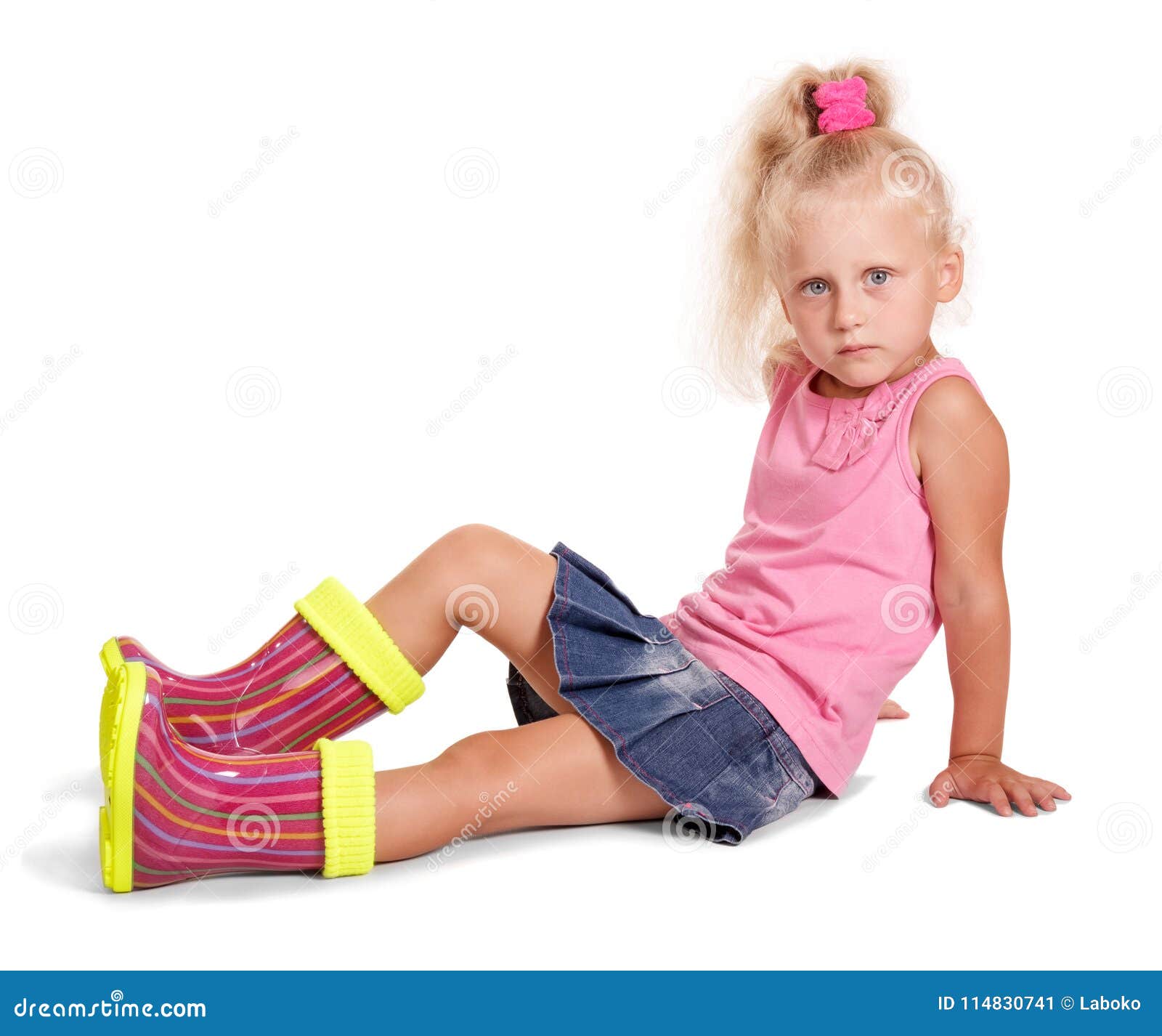 Innocent alarm Validation Little Sad Girl in Rubber Boots Sitting Isolated on White Stock Image -  Image of beauty, colorful: 114830741