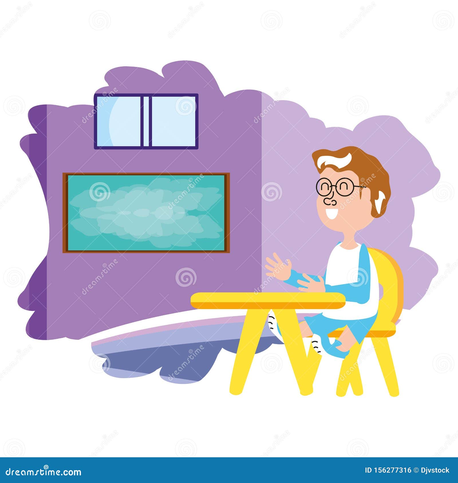 Little Student Boy Sitting in School Desk in the Classroom Stock