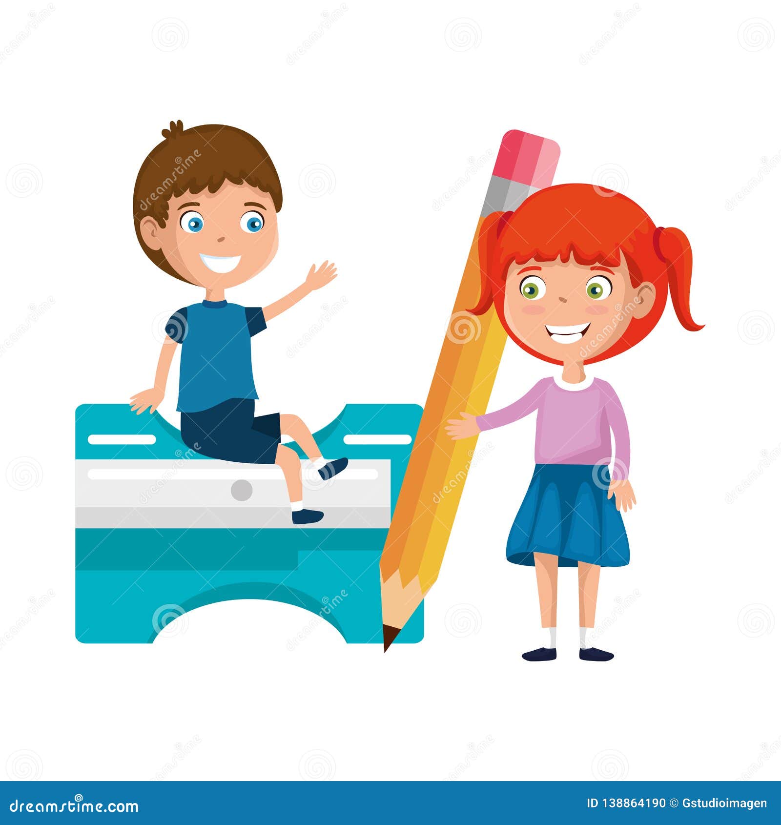 Little Students Kids with Sharpener and Pencil Stock Vector ...