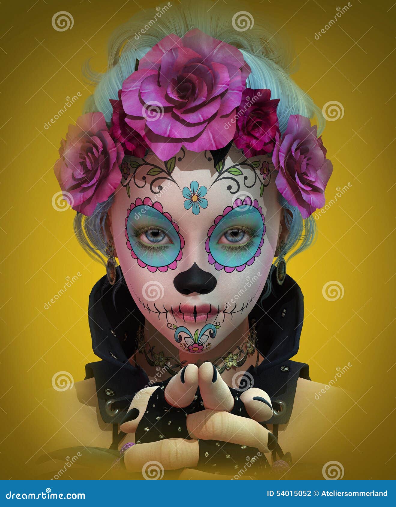 Little Sugar Skull Girl, 3d CG. 3d computer graphics of a cute girl with sugar skull makeup