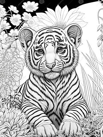 Little Tiger Portrait, Coloring Page, Flowers Background, Cute Baby ...