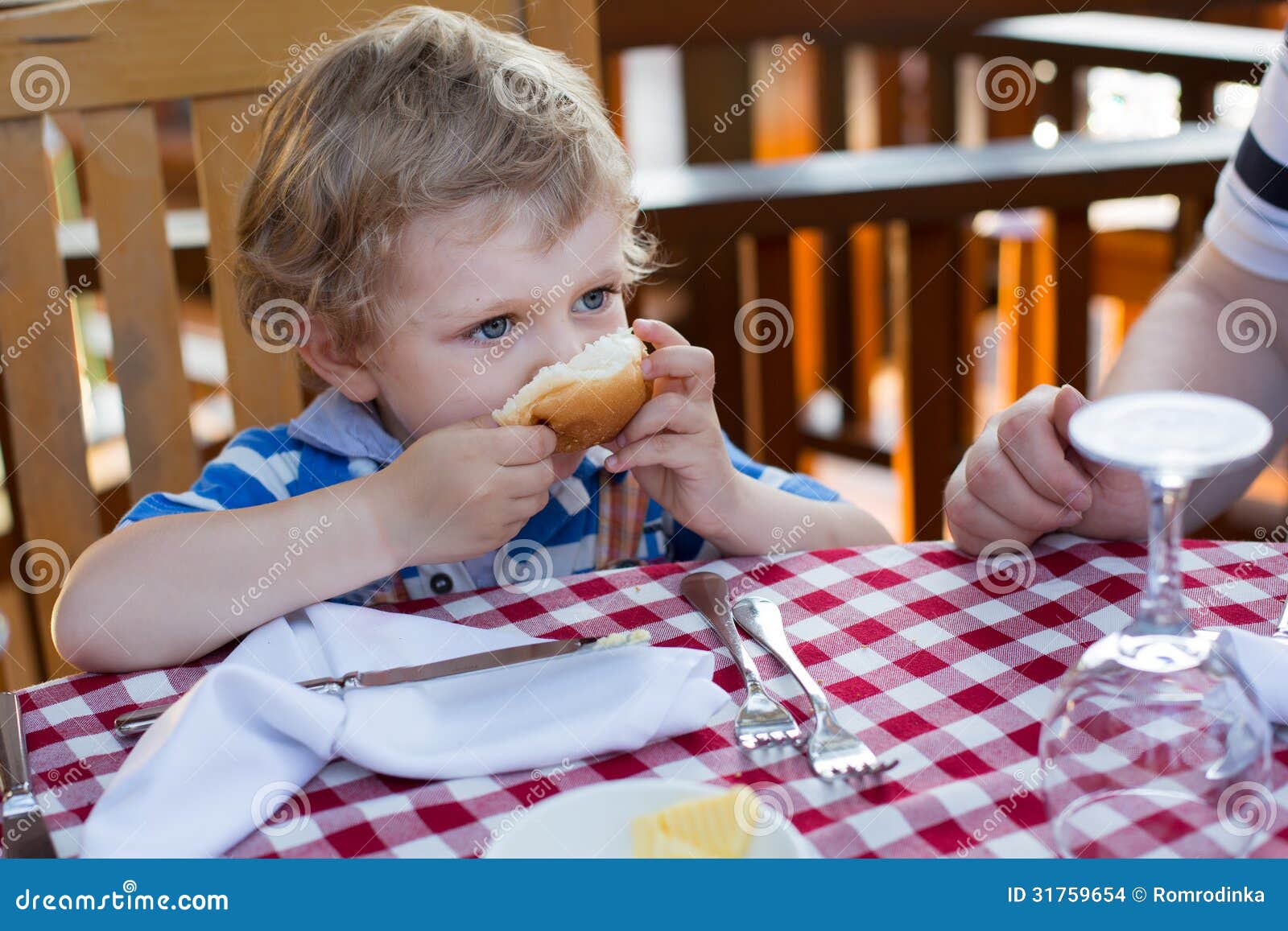 Little Toddler Boy Having Breakfast in Summer Stock Photo Image of