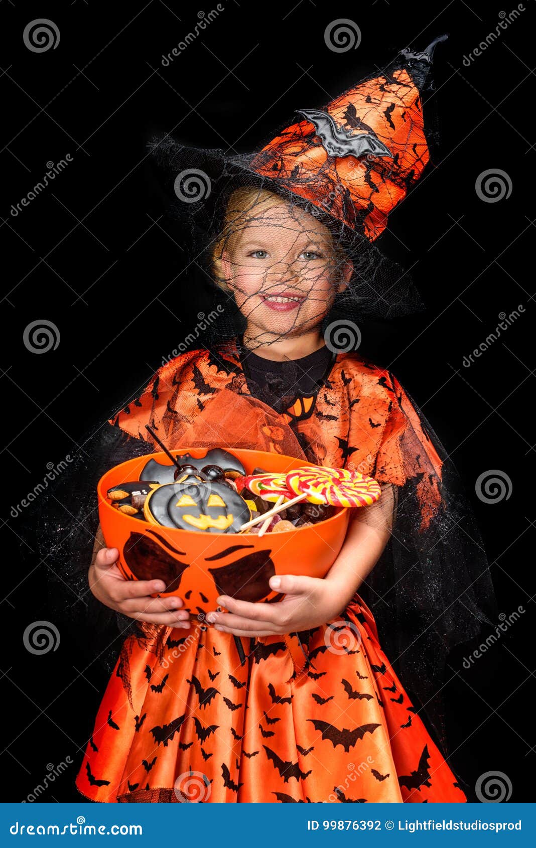 Little Witch with Halloween Sweets Stock Photo - Image of holiday ...
