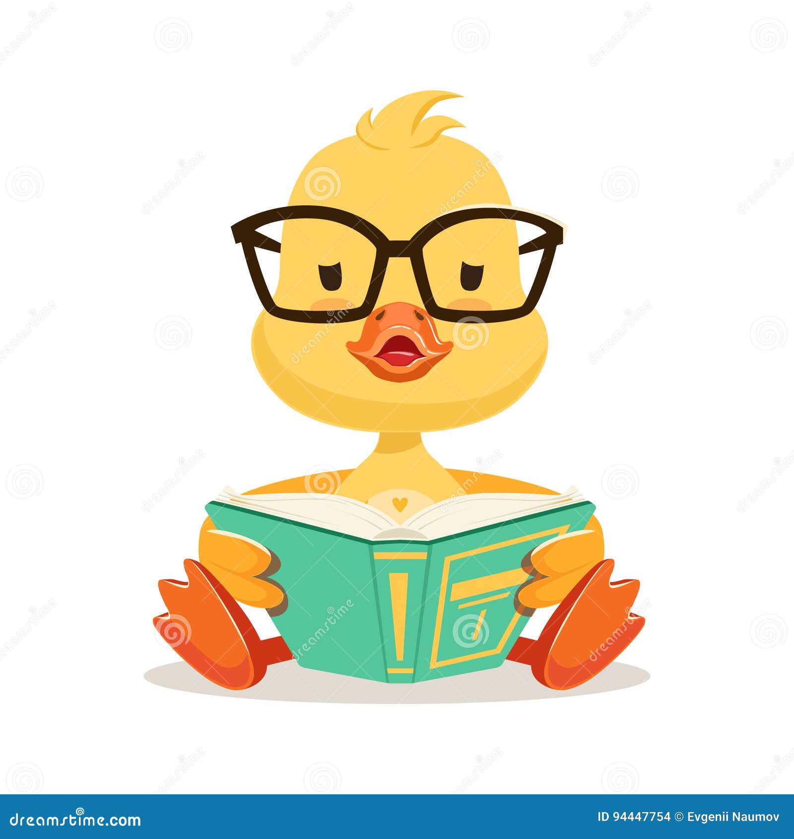 Little Yellow Duck Chick In Glasses Sitting And Reading Book Cute