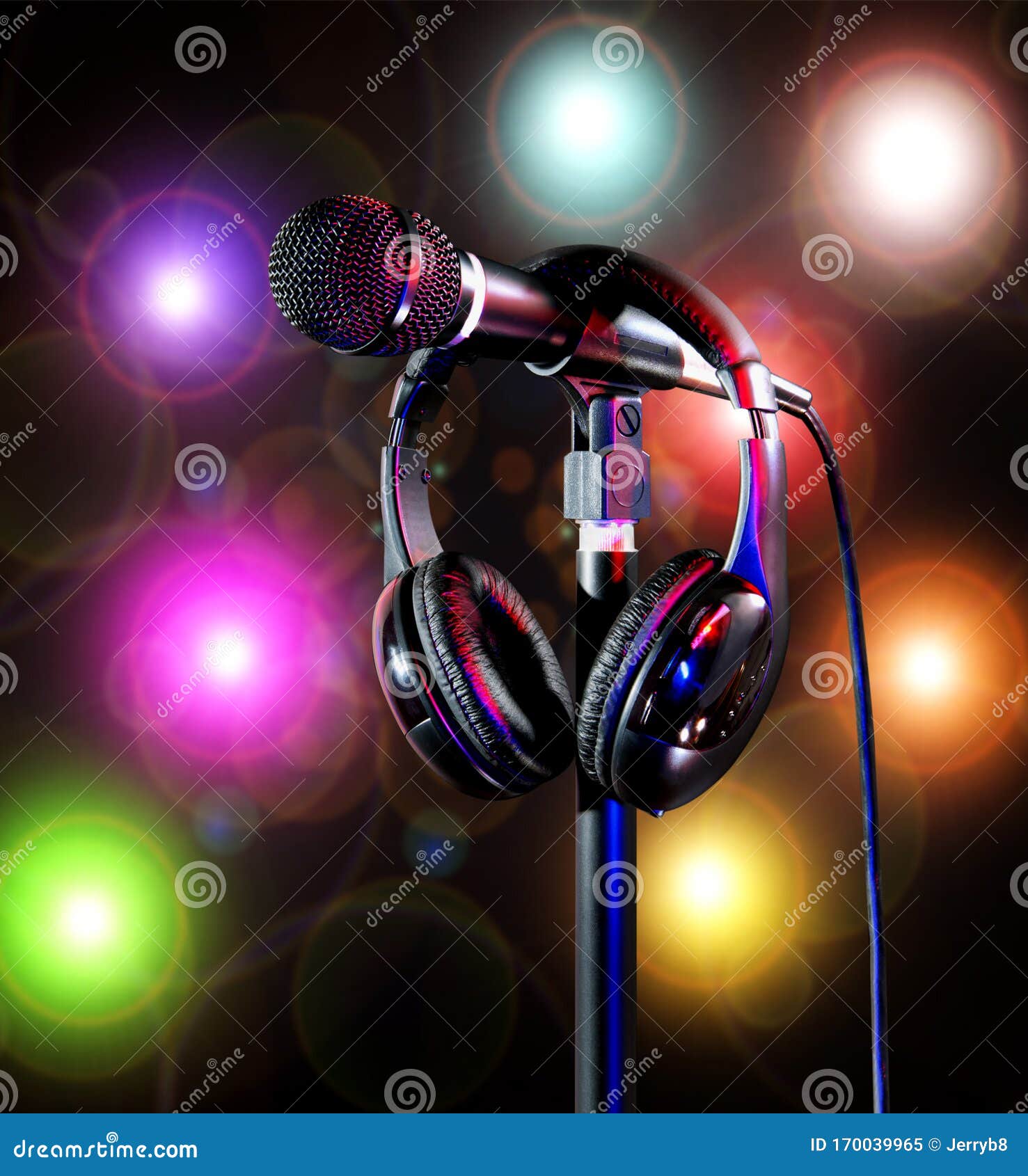 Live on Colorful Stage Singer Mic and Headset Stock Image Image of
