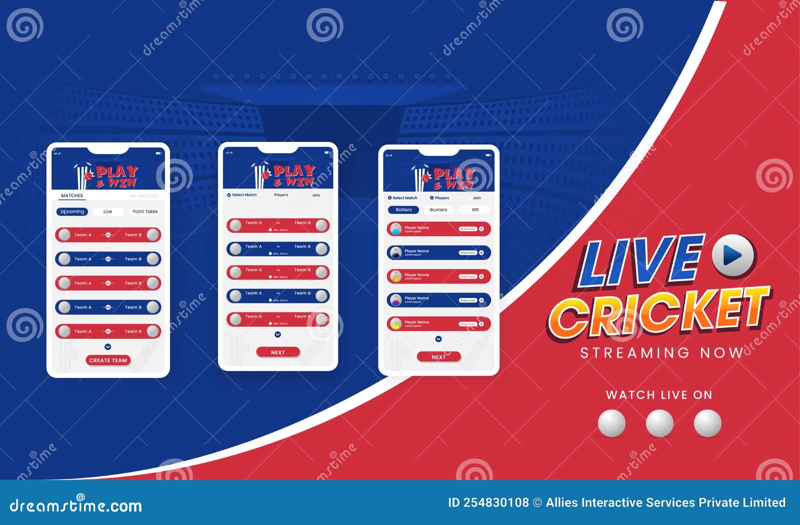 Live Cricket Streaming Mobile App UI on Blue and Red Stadium Stock Illustration