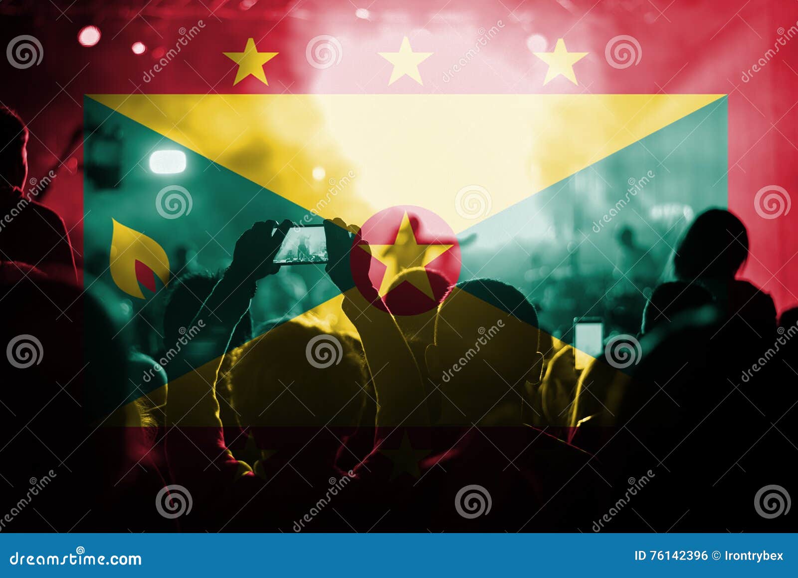 Live Music Concert with Blending Grenada Flag on Fans Stock Photo