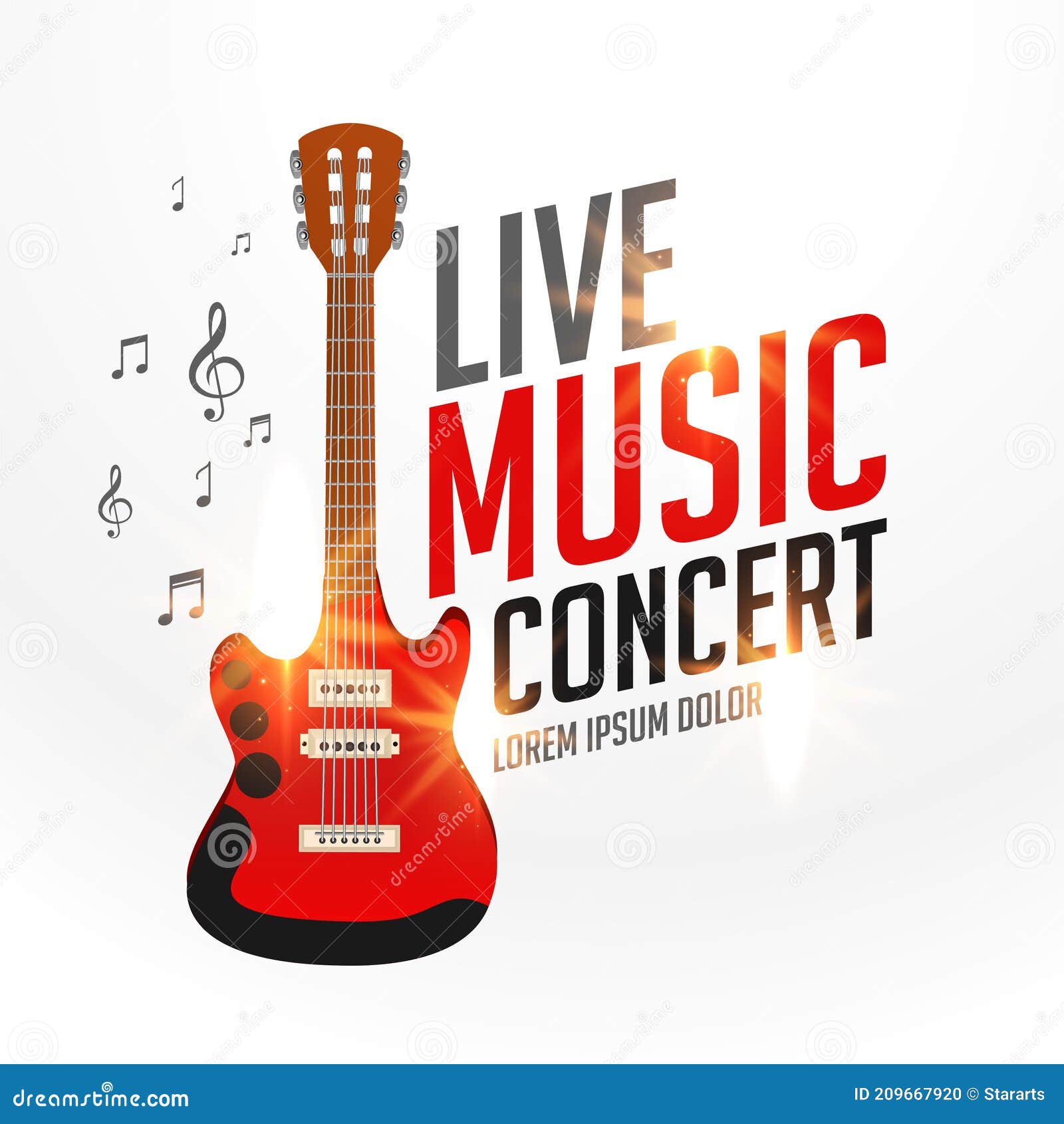 Live Music Cover Template with Realistic Guitar Stock Vector