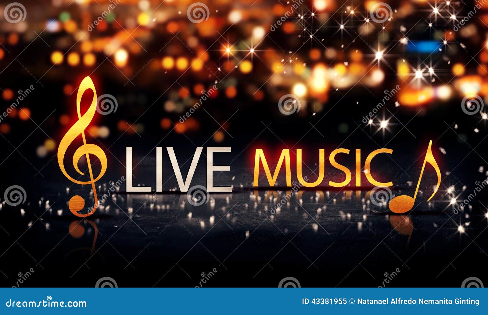 Live Music Gold Silver City Bokeh Star Shine Blue Background 3DLive