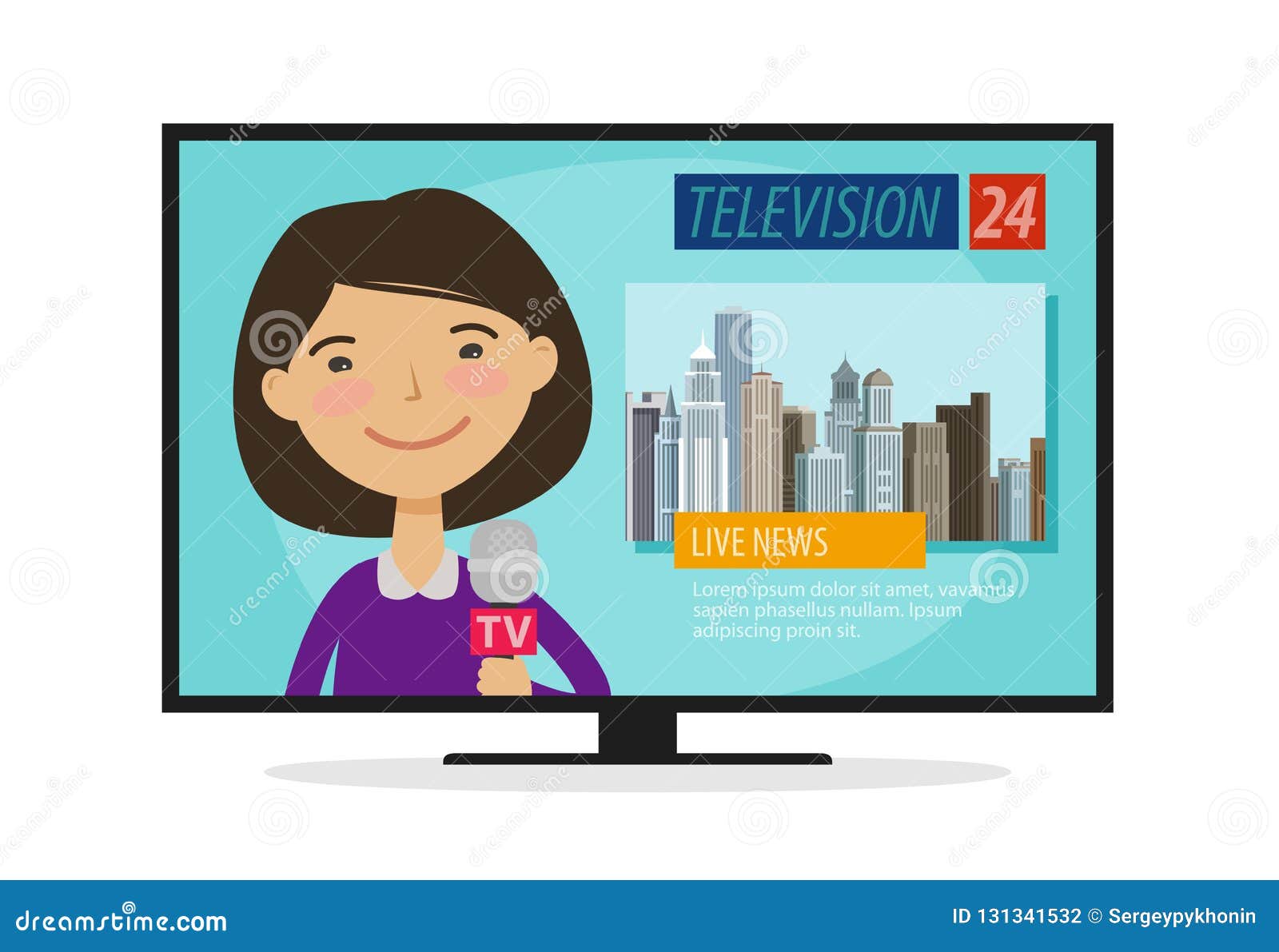 live news. young woman, newscaster with microphone in hand. tv, television concept. cartoon  