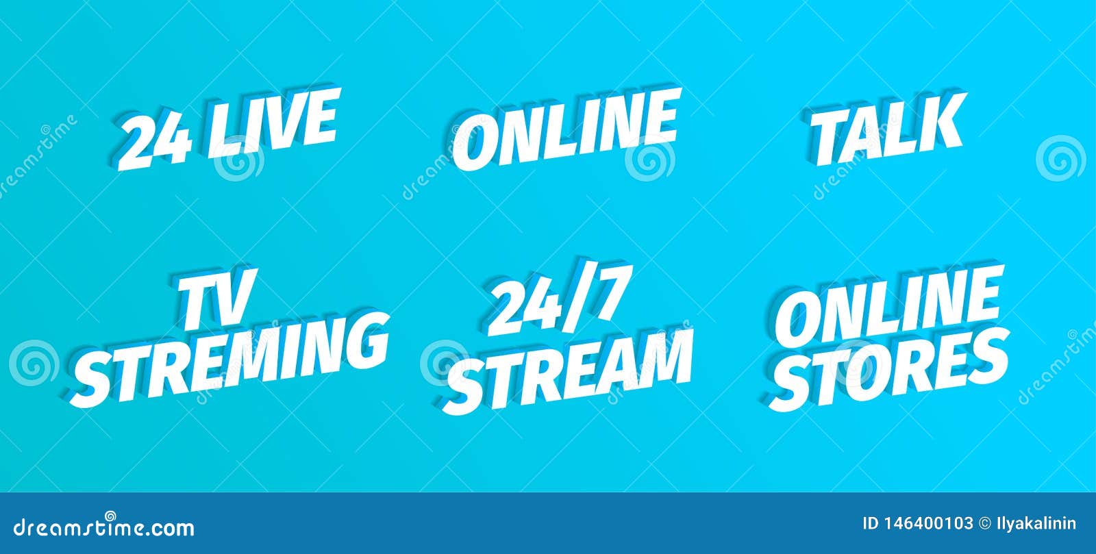 24 live online streming talk stories. white single title word set on blue background . 3d letters.  color 