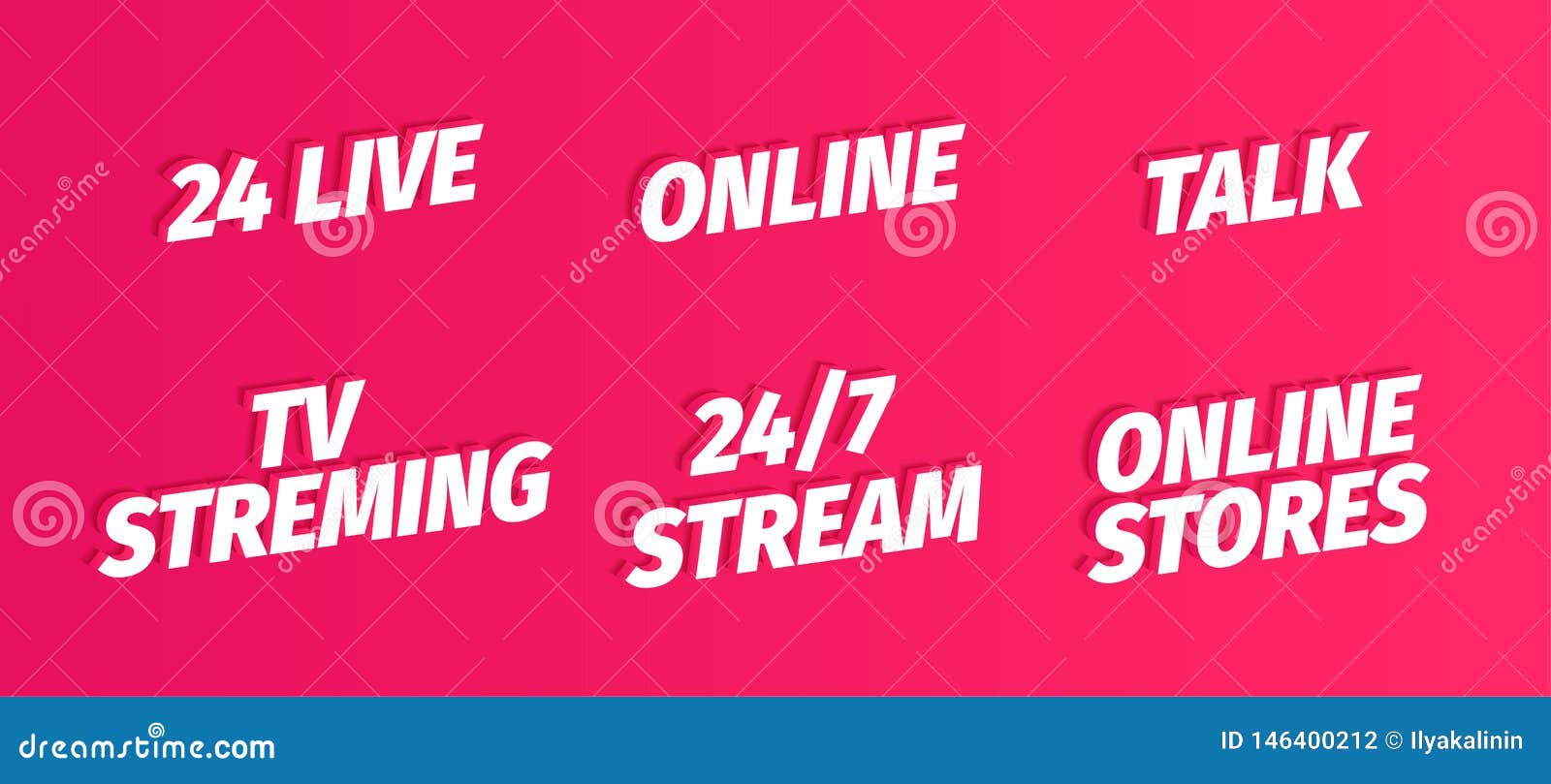 24 live online streming talk stories. white single title word set. on pink background. 3d letters.  color 