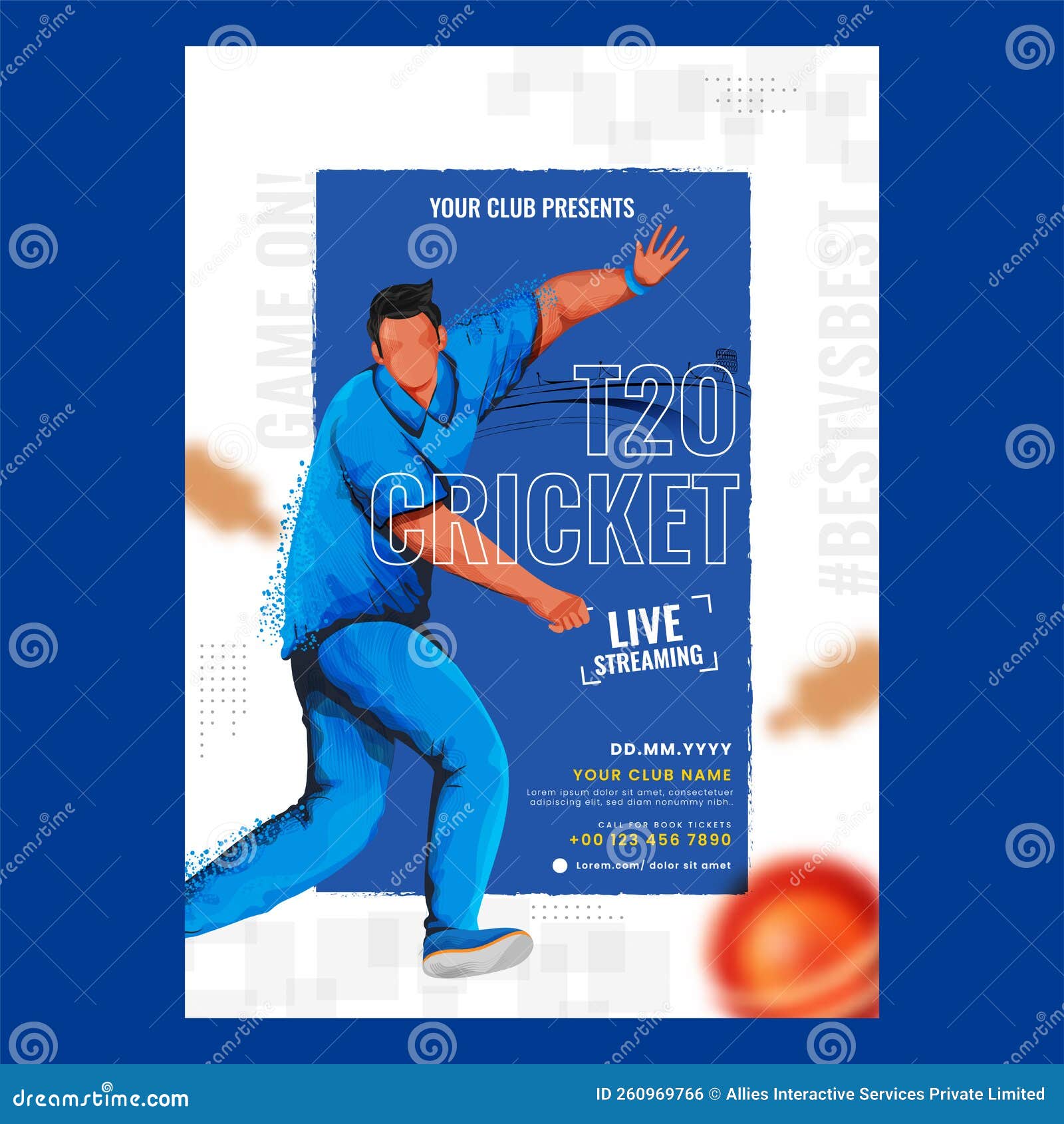 Live Streaming T20 Cricket Flyer Design with Faceless Bowler Character on Blue and White Stock Illustration