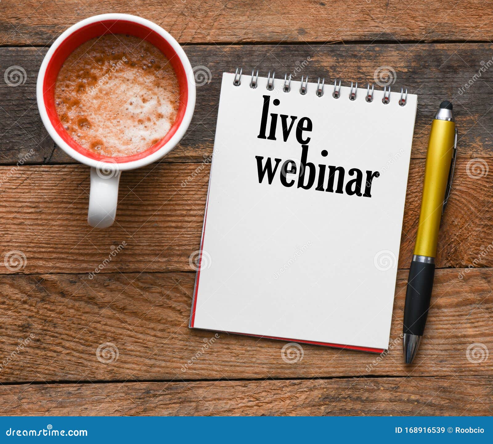 Live Webinar Text Concept Written in Notebook on Wooden Table. Top View