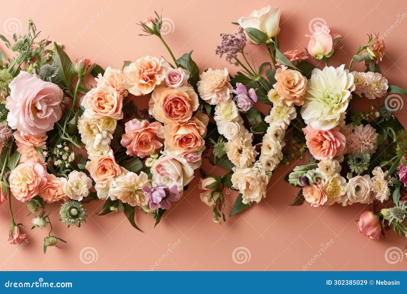 Lively Spring Flowers Spelling Love on a Peach-colored Canvas