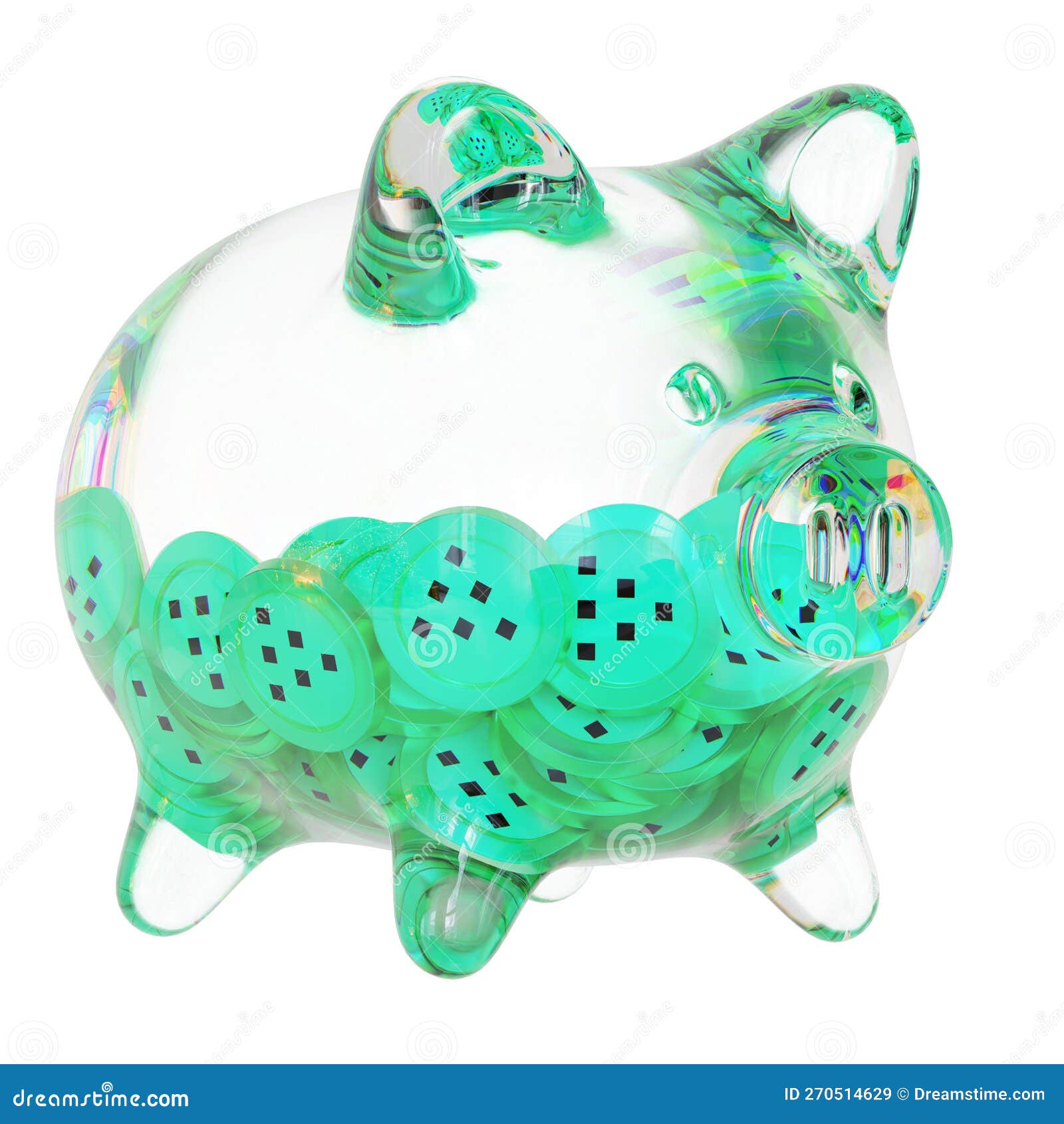 livepeer (lpt) clear glass piggy bank with decreasing piles of crypto coins.
