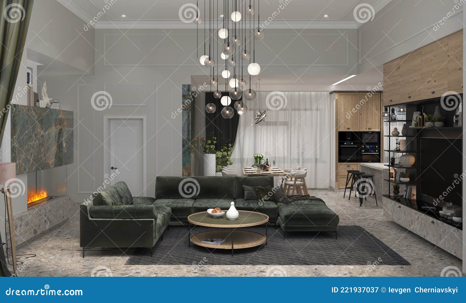 Open Plan Living Room Arranging, 3D Render Stock Illustration