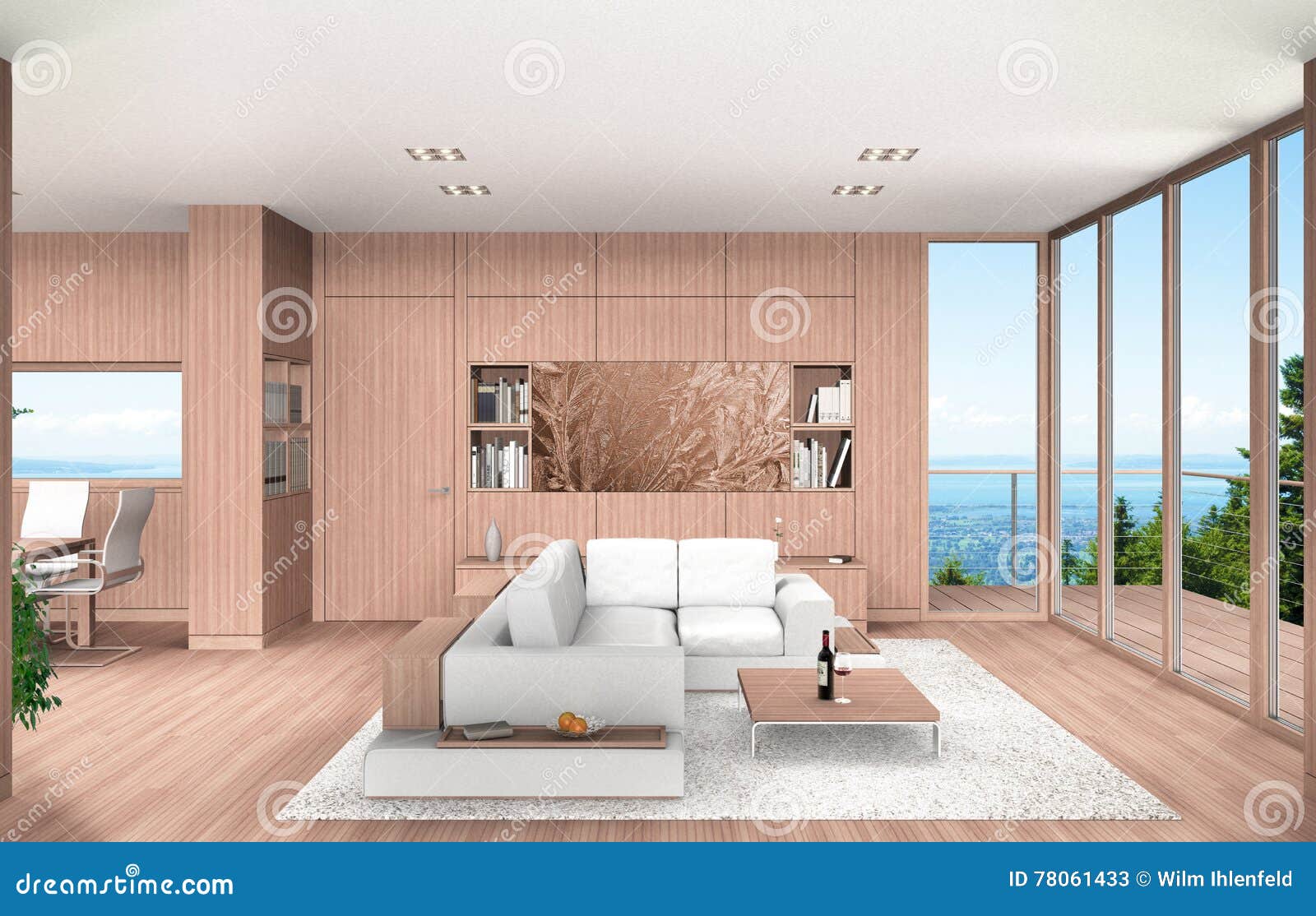 Living And Dining Room With Beech Wood Paneling Stock