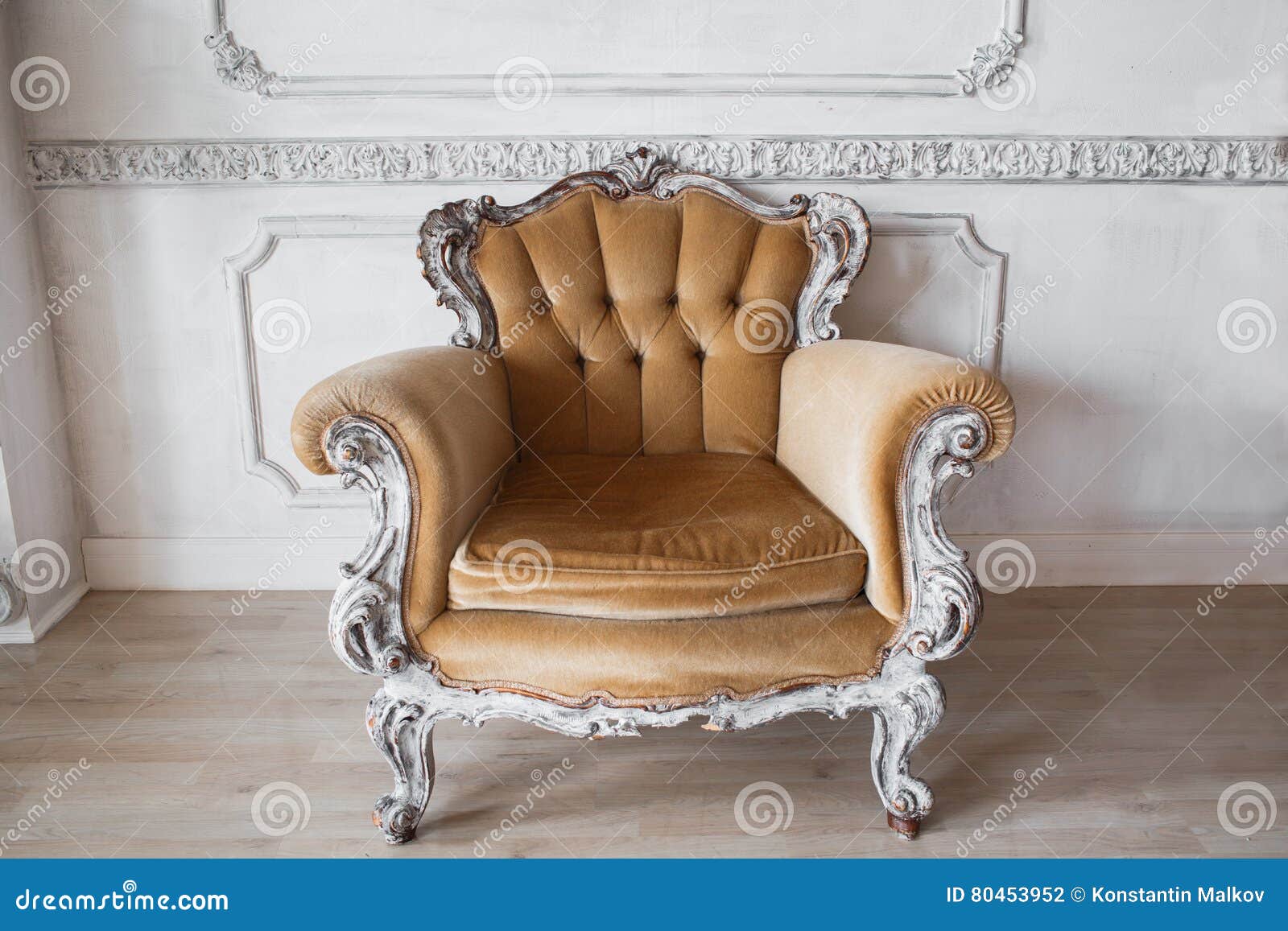 Living Room with Antique Stylish Beige Armchair on Luxury White Wall ...