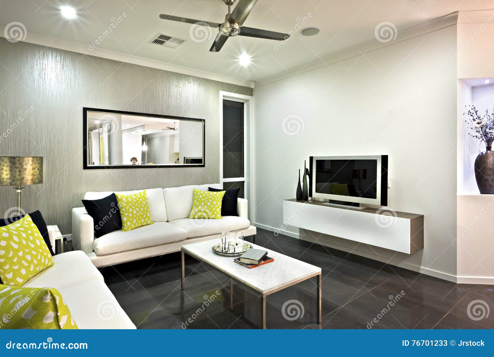 Living Room Area Close Up With A Mirror And Television Stock